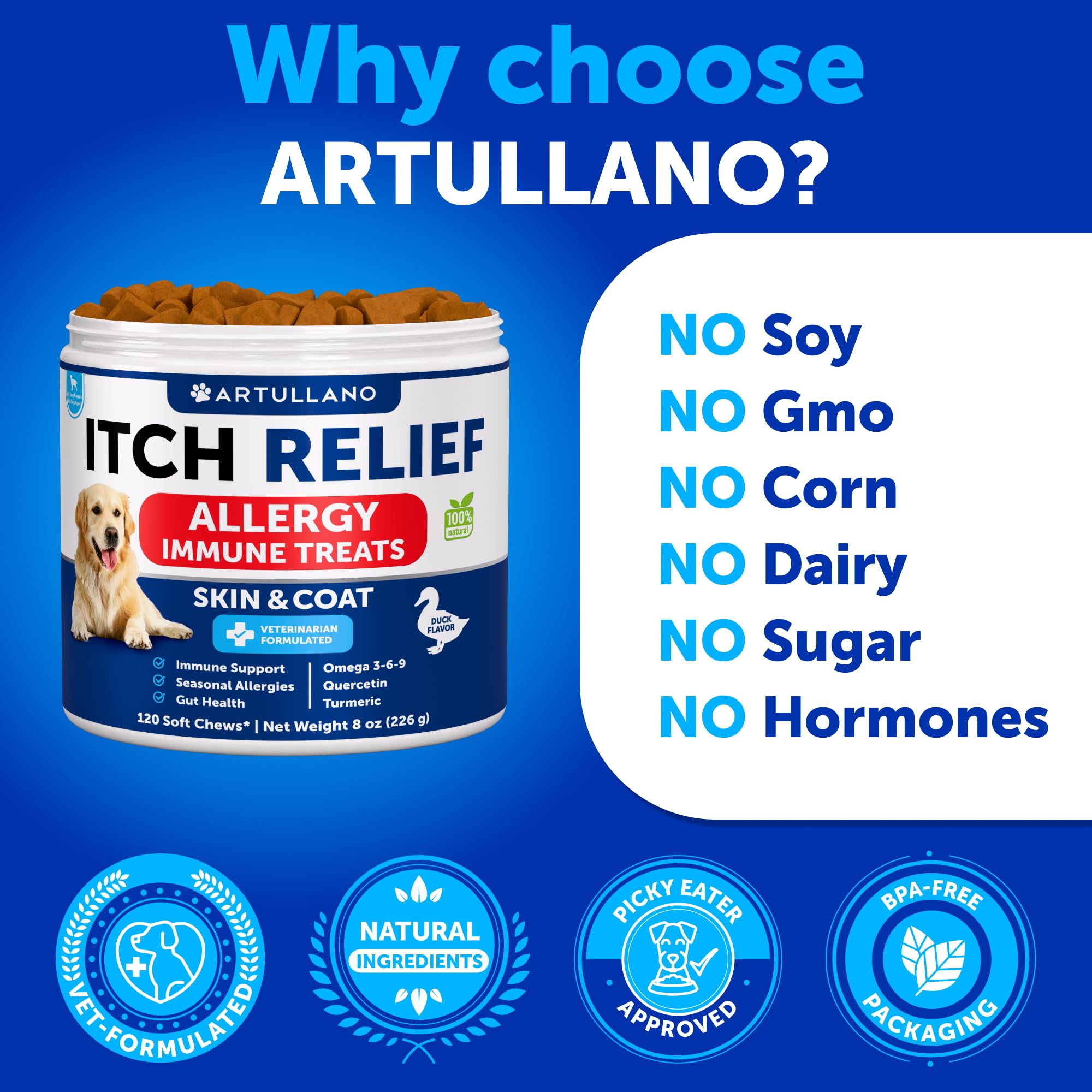 Artullano Dog Allergy Relief Chews - Omega 3 Fish Oil for Itchy Skin, Immune Support - 180 Chews - Made in USA