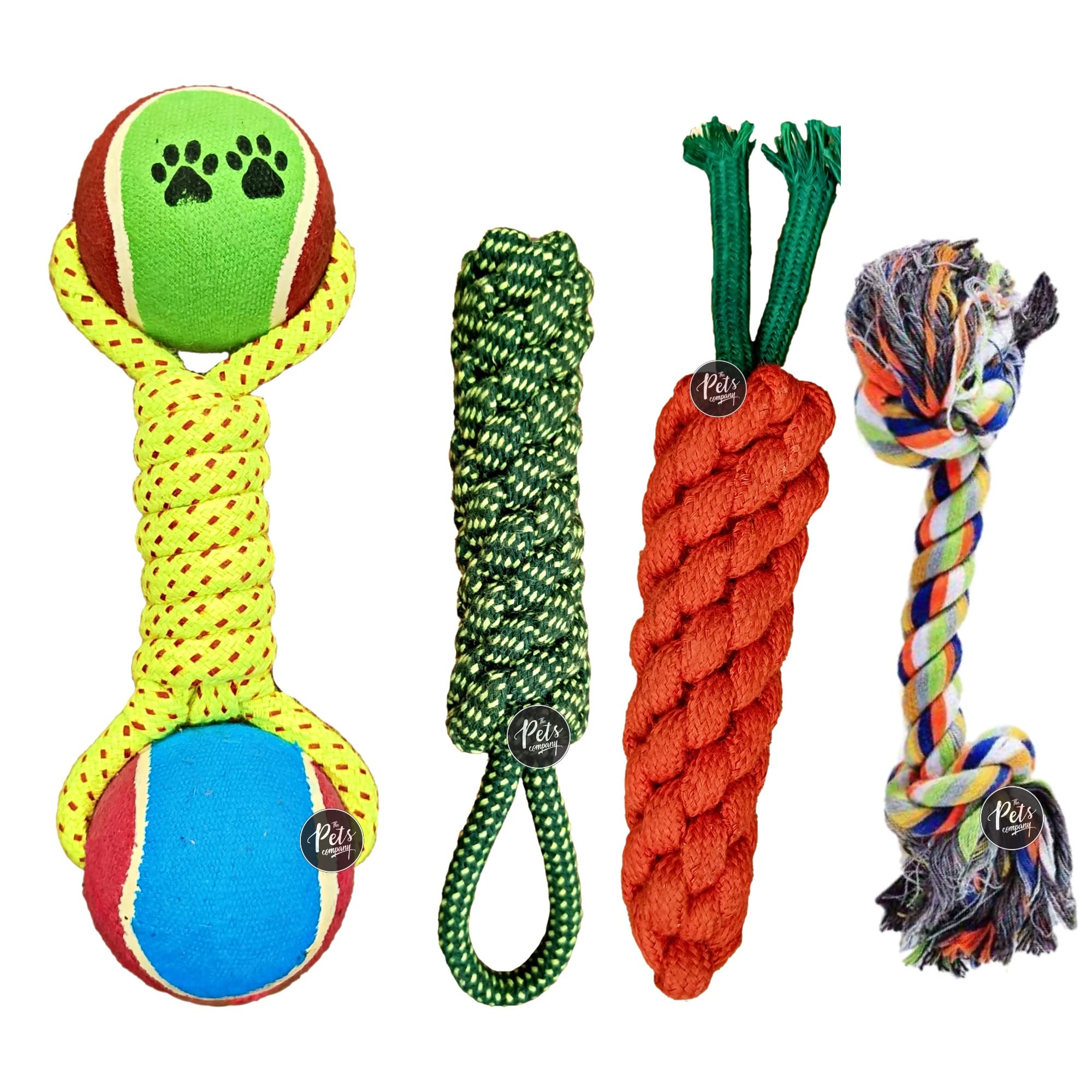 The Pets Company Dog Chew Toys For Puppy Teething & Training (Dummy + 2 Knot + Carrot + Tennis Ball Dumbell), Dog Rope Toy Combo