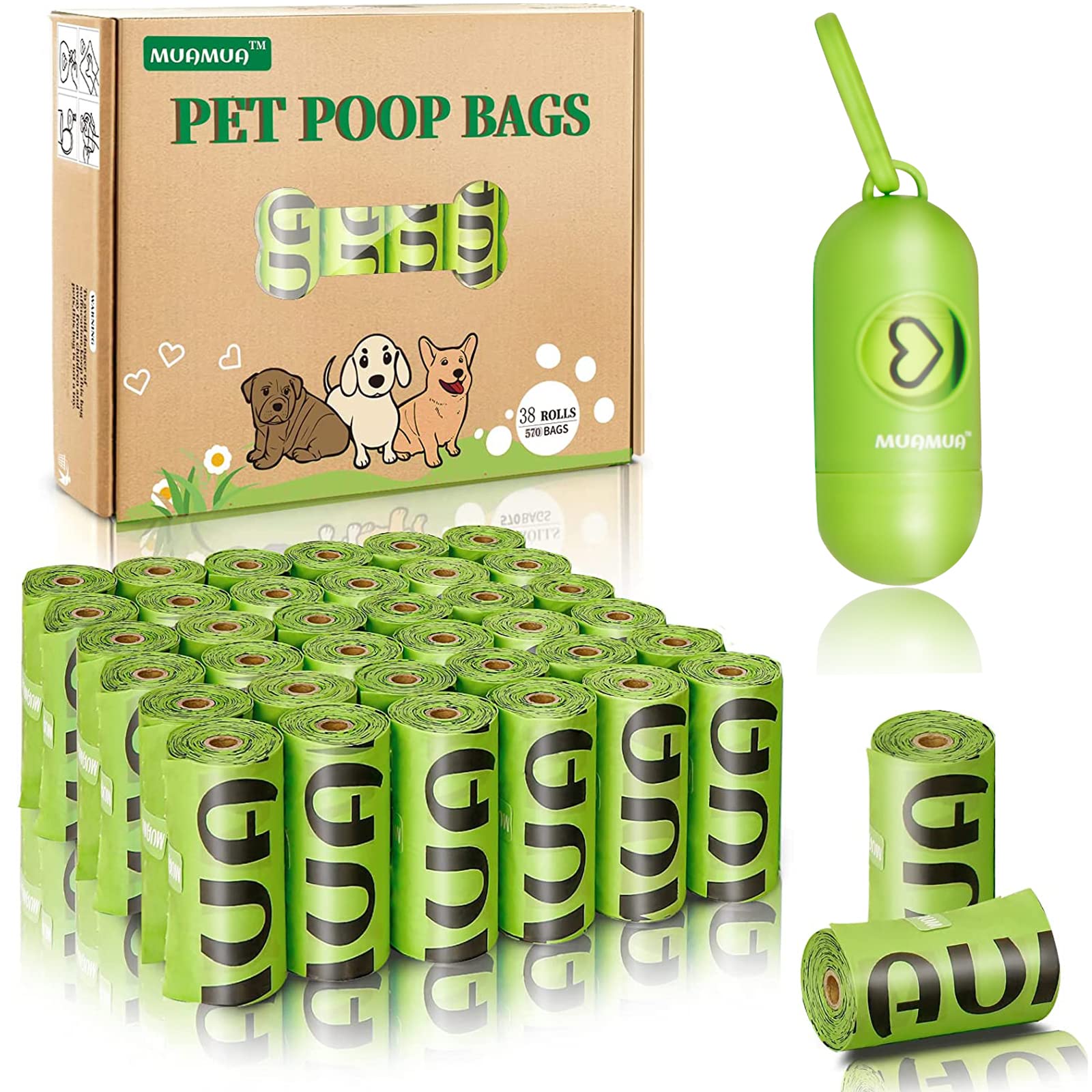 Muamua Dog Poop Bag Rolls 570 Count With Dispenser, Biodegradable Unscented Pet Waste Bags, Guaranteed Extra Thick, Leak Proof D