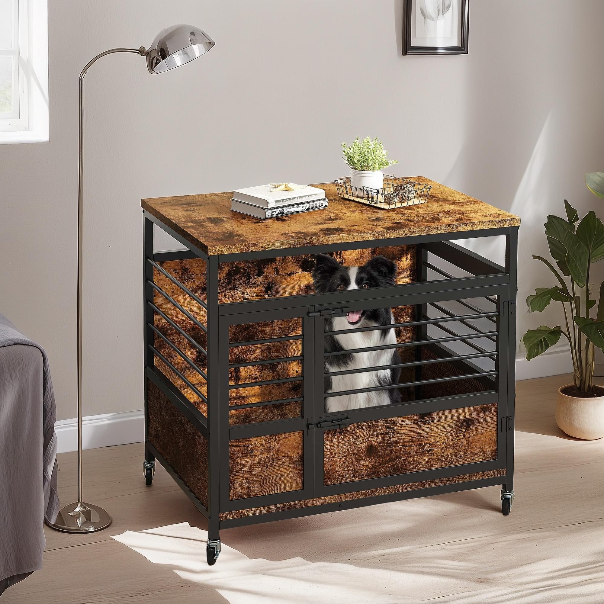 YITAHOME 32 Dog Crate Furniture with Wheels, Farmhouse Decorative Wood Dog Cage End Table Chew-Resistant Wooden Dog Kennel Indoo