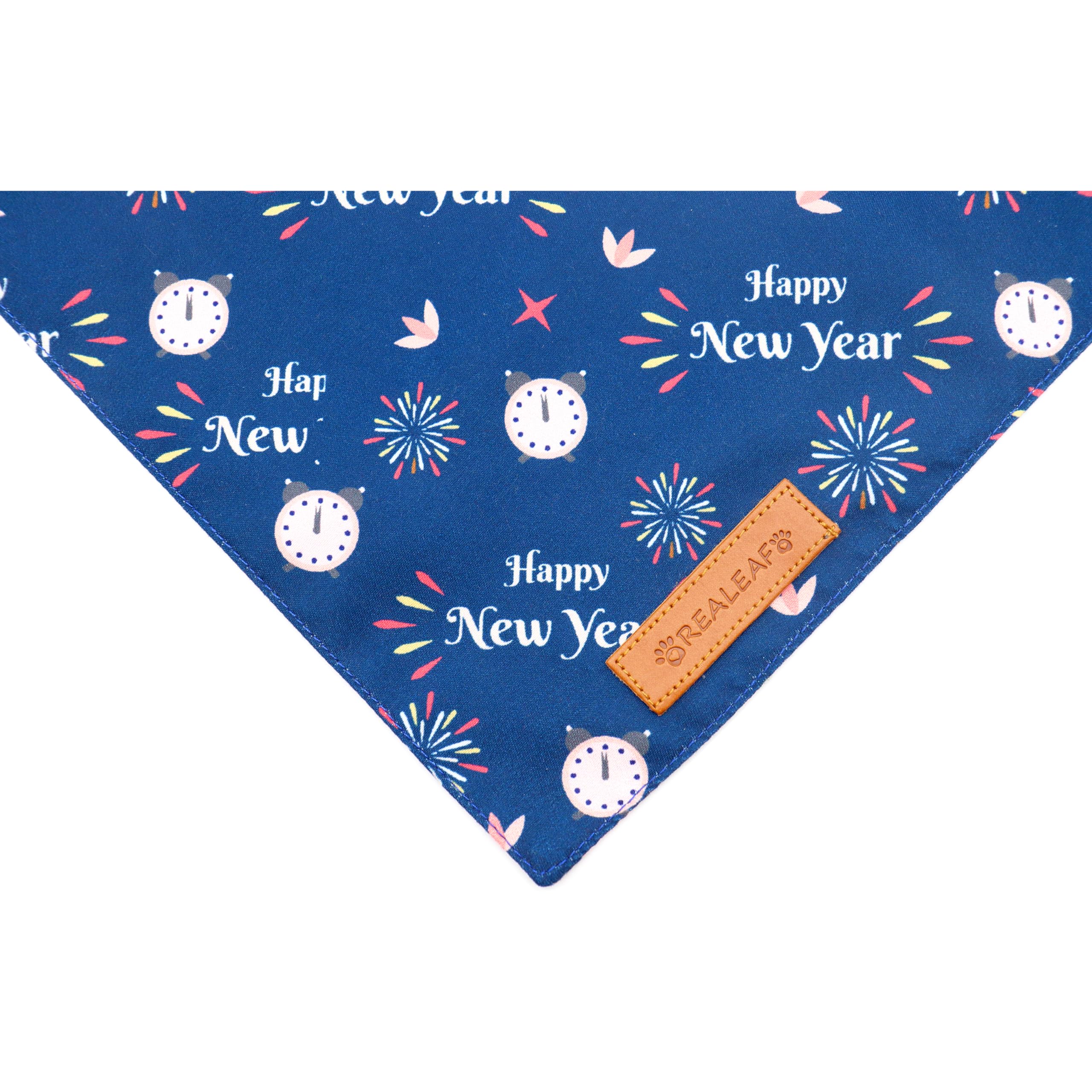 Realeaf Happy New Year Dog Bandanas 2 Pack, Reversible Large Polyester Scarf for All Dog Sizes