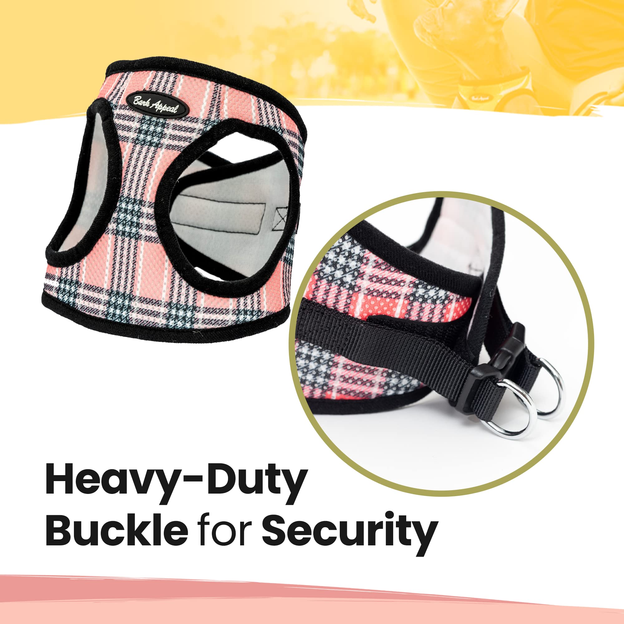 Bark Appeal Step-In Dog Harness, Mesh Step In Dog Vest Harness For Small & Medium Dogs, Non-Choking With Adjustable Heavy-Duty Buckle For Safe, Secure Fit - (Medium, Pink Plaid)