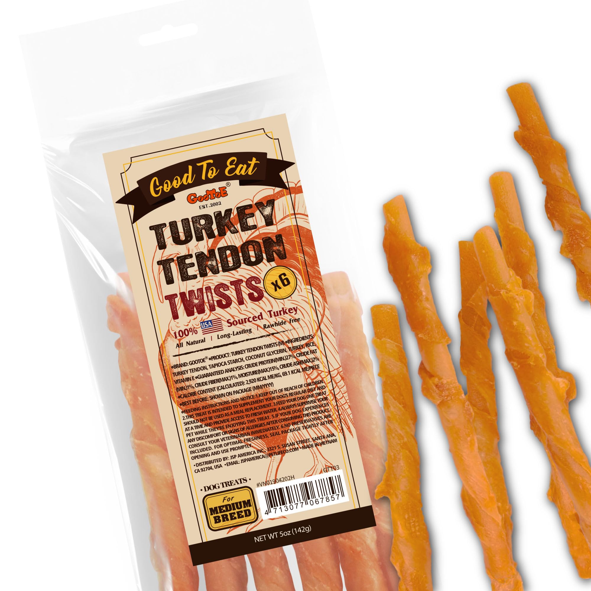 Gootoe Turkey Tendon Dog Treats, Twists (M) 5 oz, 100% USA-Sourced Turkey, Natural Snack, Premium Puppy Chews, Hypoallergenic, R
