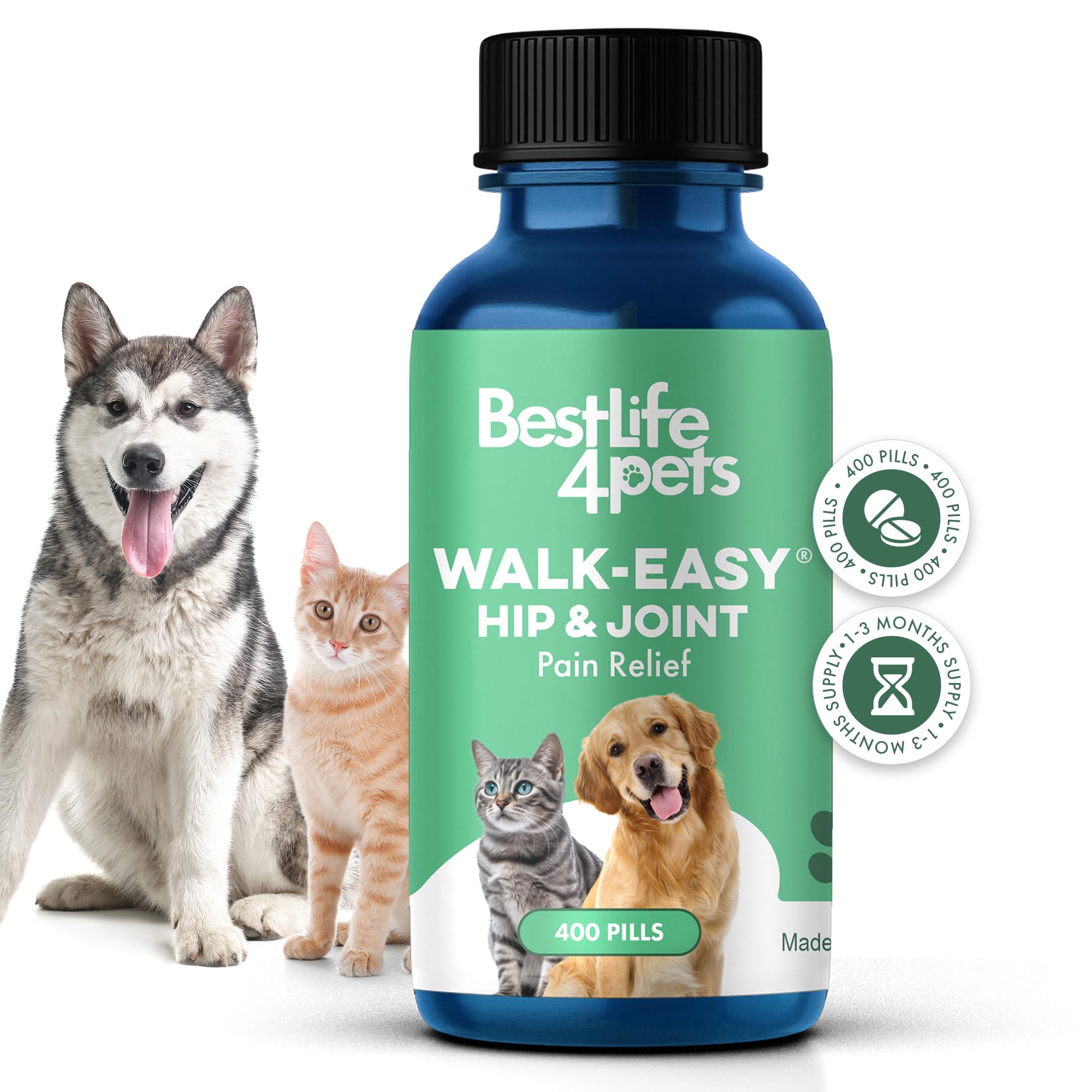 Walk-Easy Cat & Dog Joint Pain Relief, Effective Cat Pain Reliever, Anti Inflammatory & Natural Dog Hip and Joint Supplement Hel