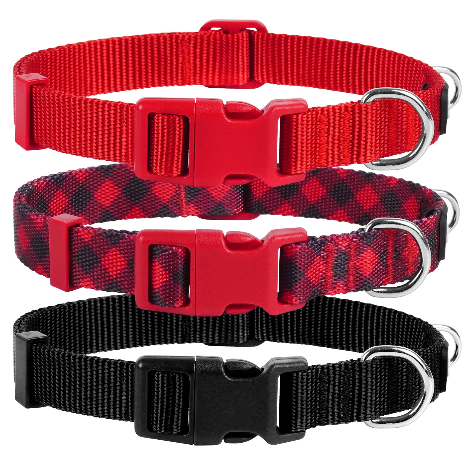 Azuza 3 Pack Christmas Nylon Dog Collars Buffalo Check Durable And Comfortable Dog Collars With Id Tag Ring Adjustable For Large Dogs, L (18-26Inch)