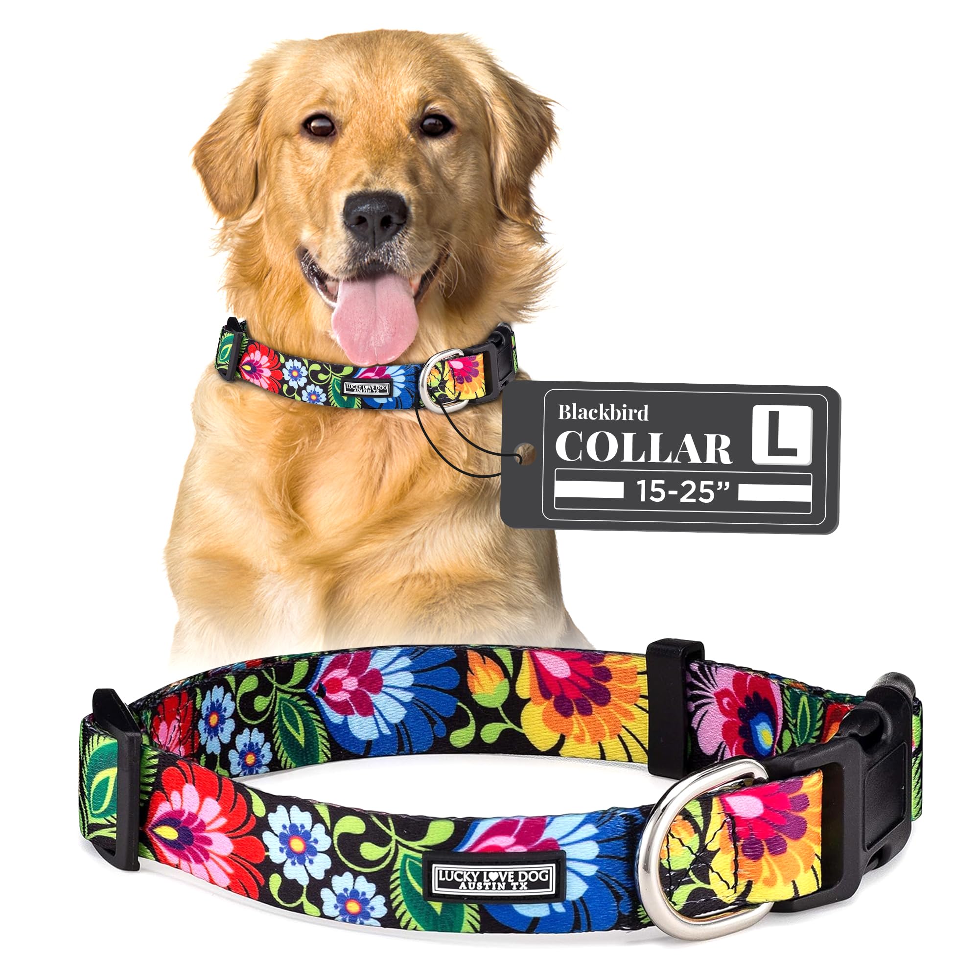 Lucky Love Dog Collars, Vivid Floral Dog Collar, Cute Dog Collar For Large Female Dogs, Blackbird, Large