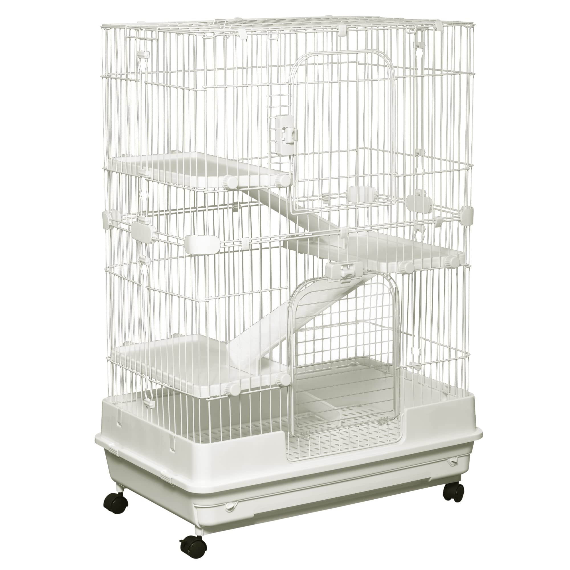 Pawhut 4-Level Small Animal Cage Rabbit Hutch With Wheels, Removable Tray, Platform And Ramp For Bunny, Chinchillas, Ferret, Whi