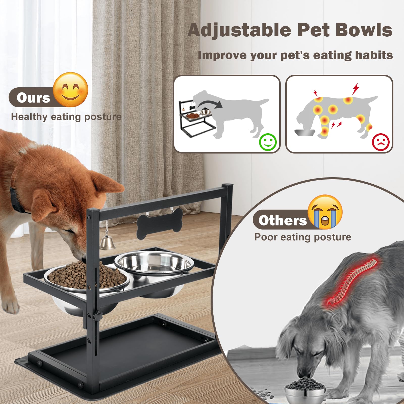SHAINFUN Elevated Dog Bowls with Slow Feeder,Raised Dog Bowl Stand for Large Dogs Adjustable Height with Two 1700ML Stainless St