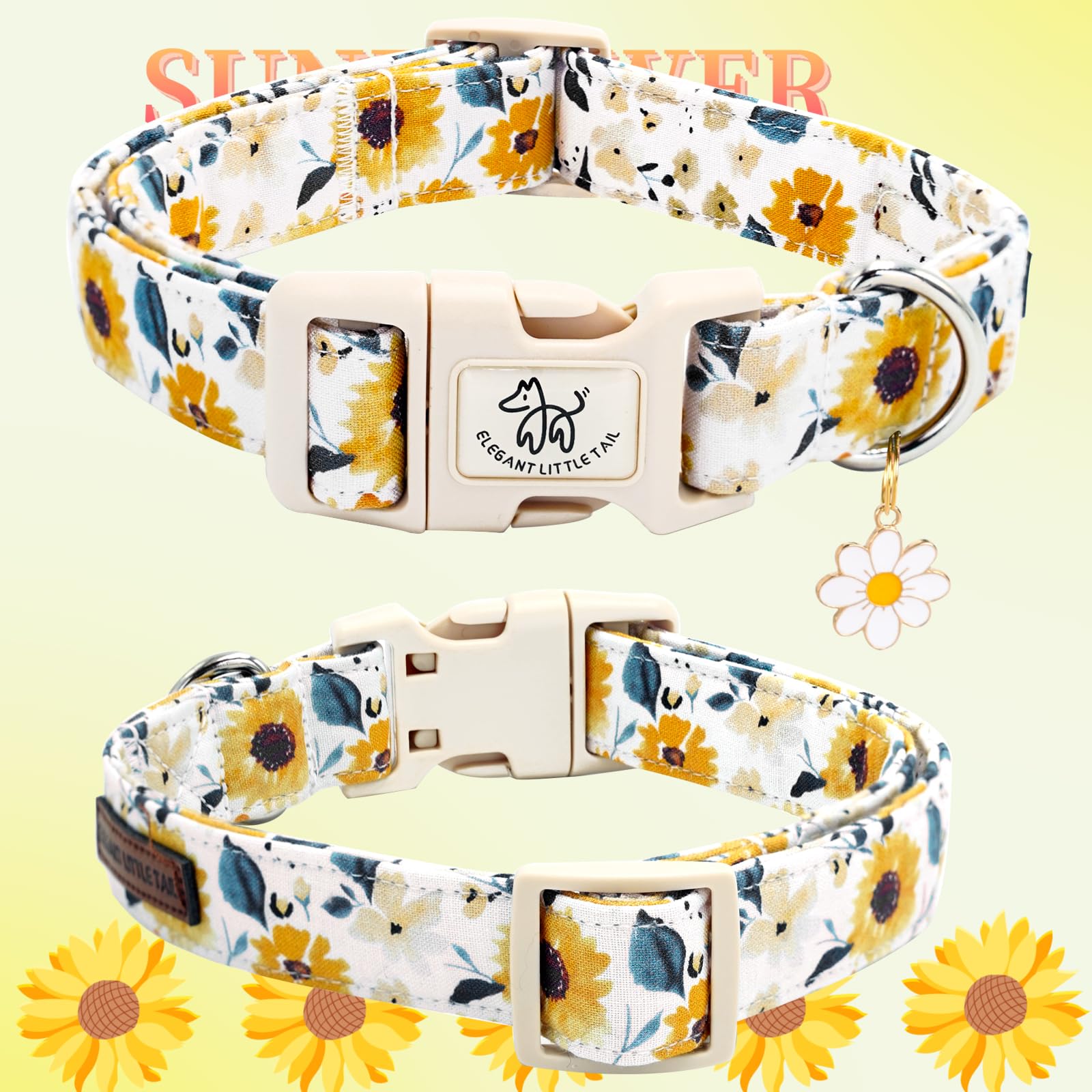 Elegant Little Tail Dog Collar, Sunflower Pattern Pet Collar Cute Durable Spring Female Or Male Adjustable Cotton Pet Collar Wit