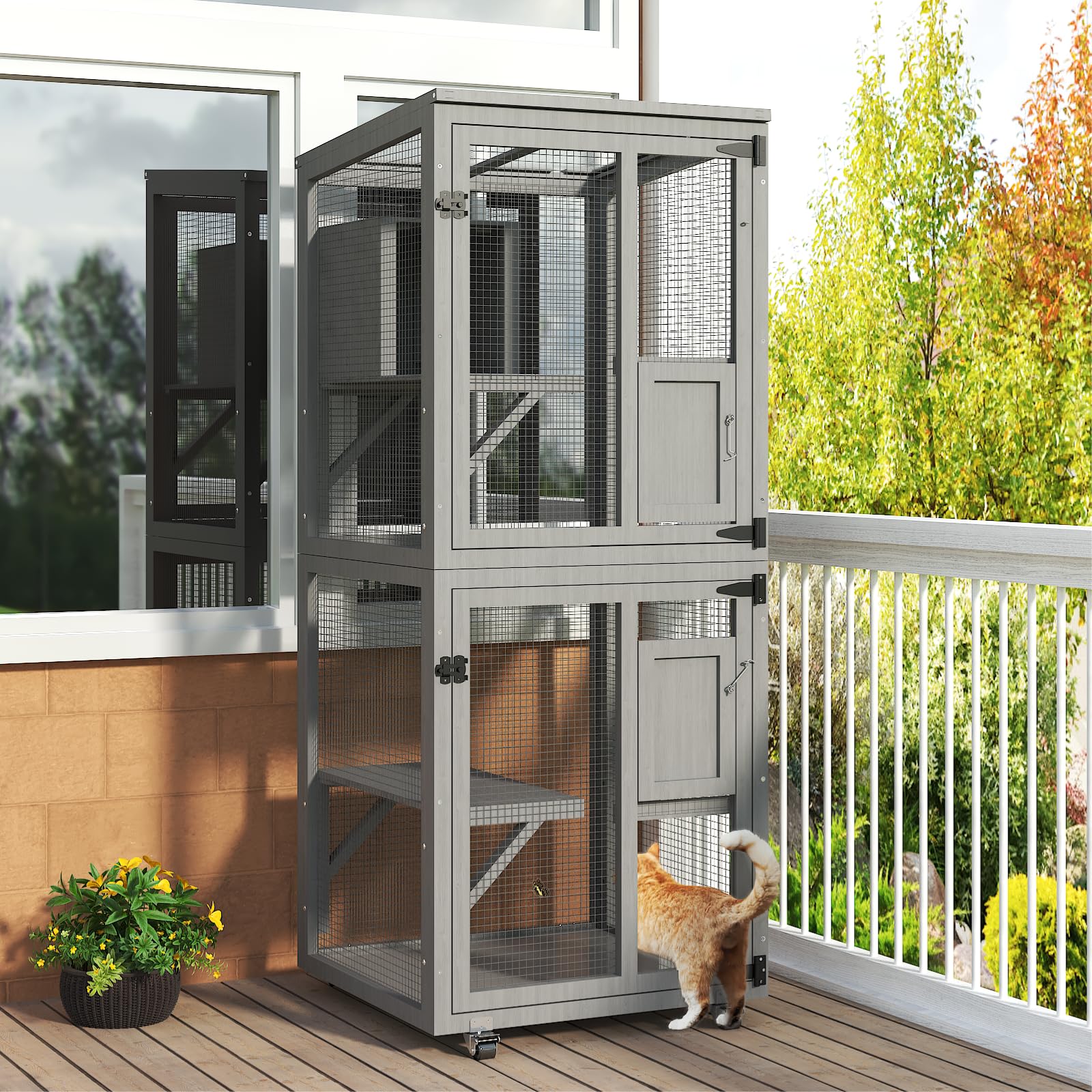 Timhaka Cat Catio Outdoor Enclosure, 4 Tiers Cat Playen Catio With Wheels, Resting Box, Sunshine Panel Waterproof Roof, Large Pe