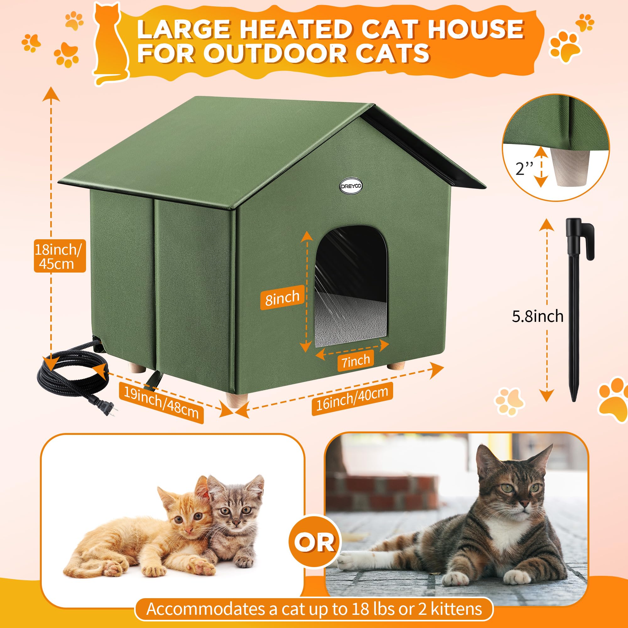 Dreyoo 1 Pack Heated Cat House Plus Size 18 X 20 X 16 Inches, Weatherproof Outdoor Cat Shelter With Heating Pad Mat, Warm Cat Ho