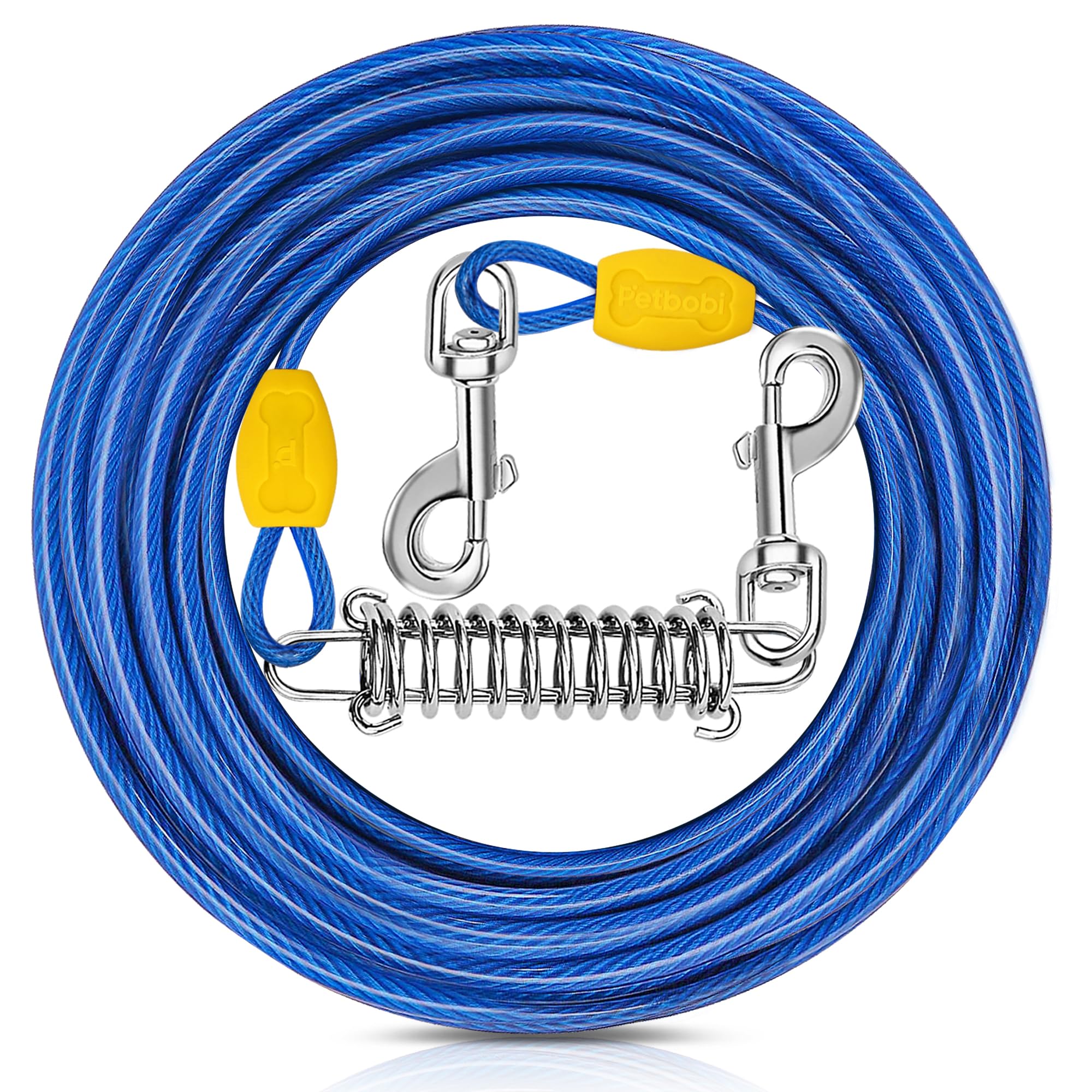 Petbobi Dog Tie-Out Cable 50Ft - Outdoor Leash Metal Cable With Shock Absorbing Spring 360 Swivel Clips, Chain For Dogs Yard Cam