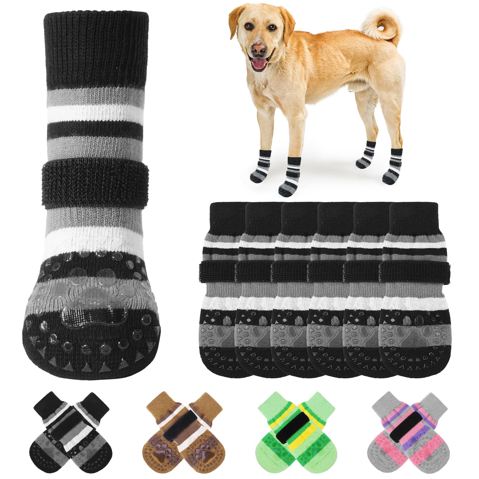KOOLTAIL Anti Slip Dog Socks to Prevent Licking Paws with Grippers, 3 Pairs Paw Protector with Adjustable Straps, Double Sides S