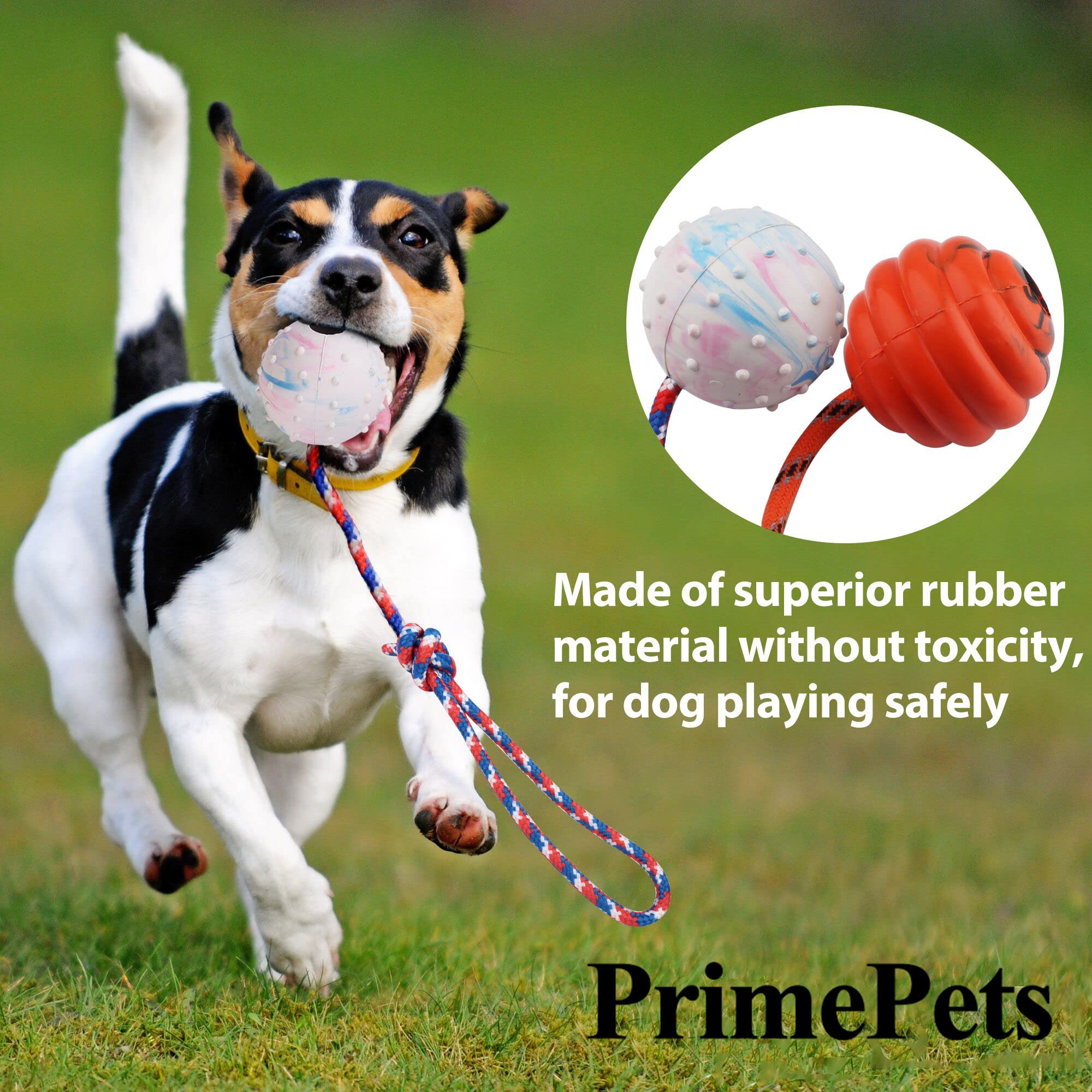 Primepets Dog Training Ball On Rope, 2 Pcs Solid Rubber Rope Ball, Tug Ball Toy For Medium And Small Dog, Tough Rope Toy, Non-Toxic And Durable Dog Toys