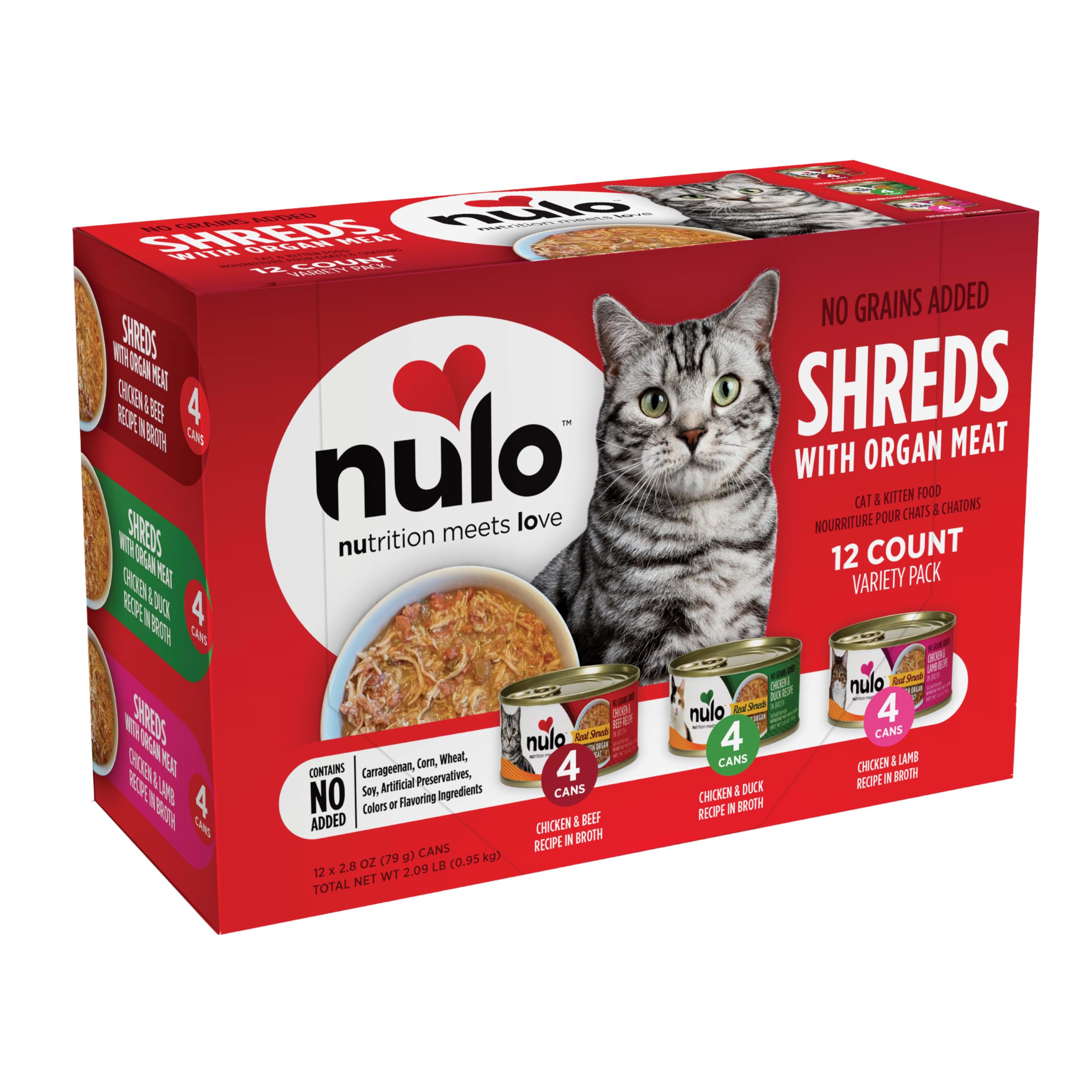 Nulo Real Shreds with Organ Meat Wet Canned Cat Food, Variety Flavors, 2.8 Ounce, 12 Cans