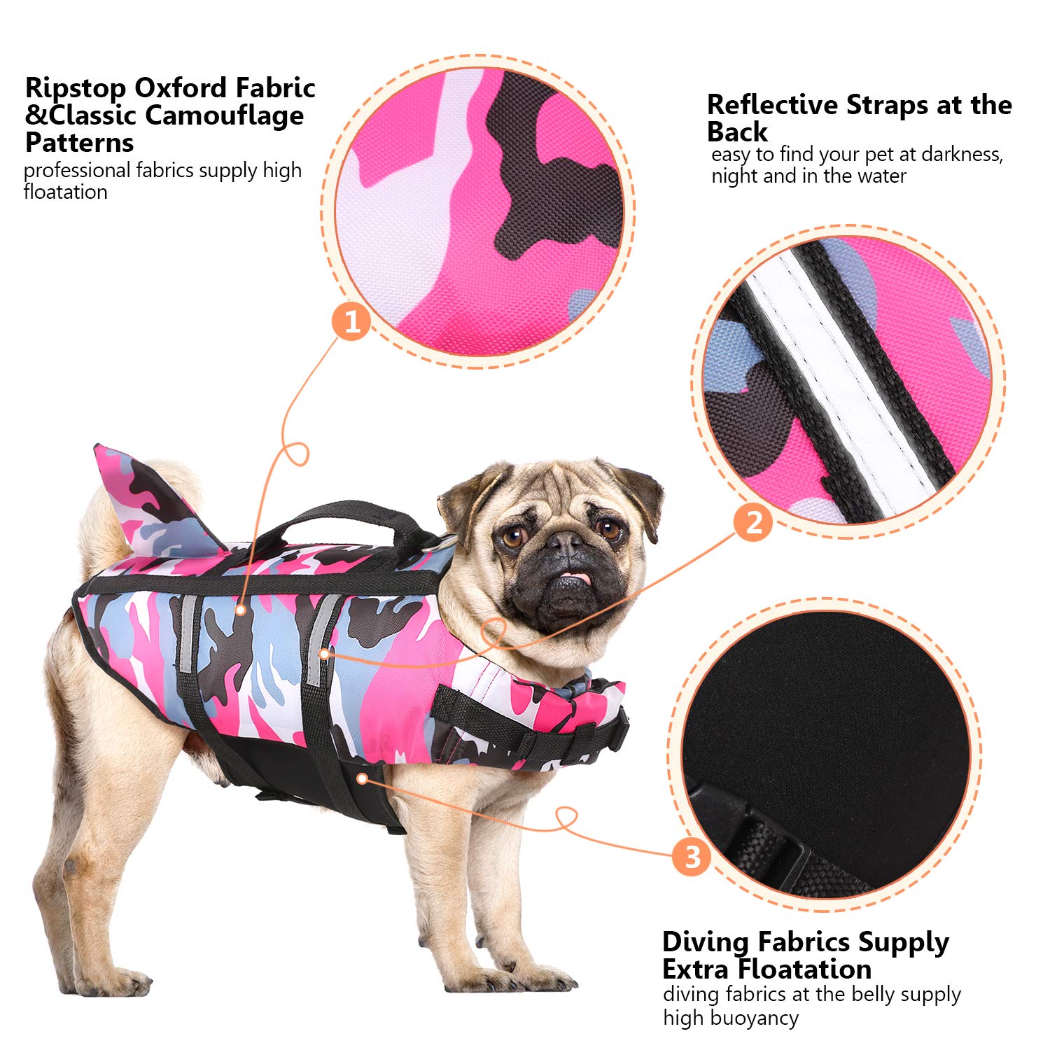 Queenmore Dog Life Jacket Pet Safety Vest High Buoyancy Camouflage Color Cute Shark with Strong Rescue Handle and Leash Ring for