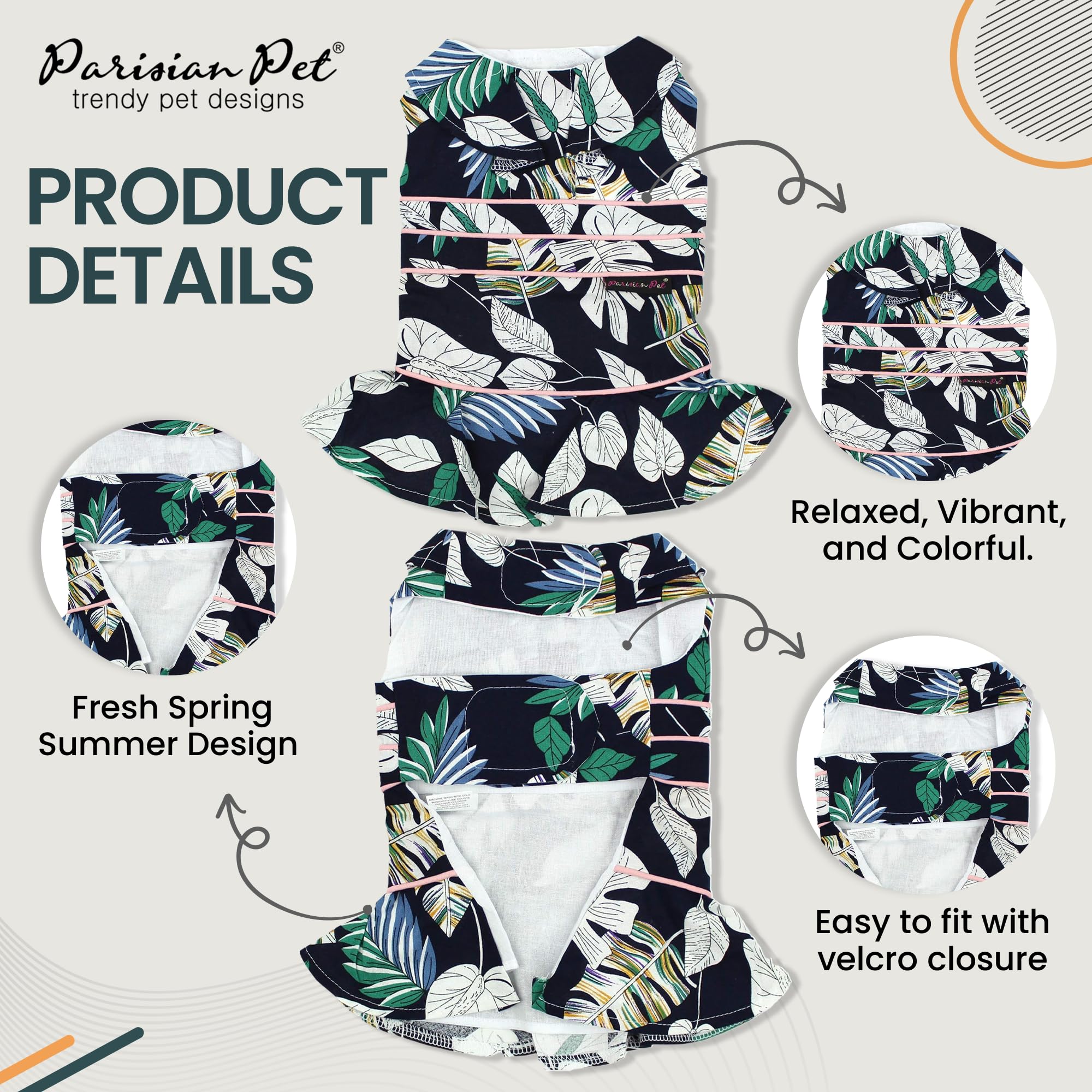 Parisian Pet Palm Leaves Summer Dress - Magic Strap Closure Dog Beach Outfit - Lightweight And Breathable Dresses For Large Dogs