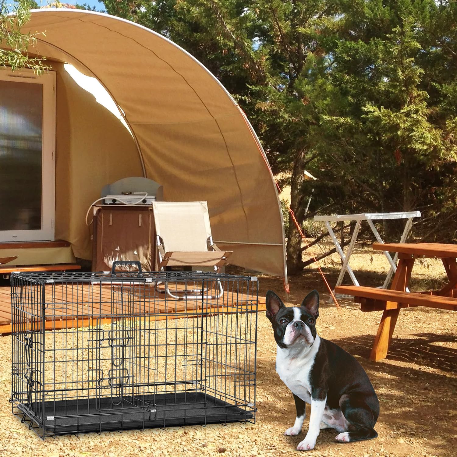 Dog Crate Dog Cage Dog Kennel Outdoor Metal Wire Double-Door Folding Pet Animal Pet Cage For Small Dog 30 Inches With Double Doo