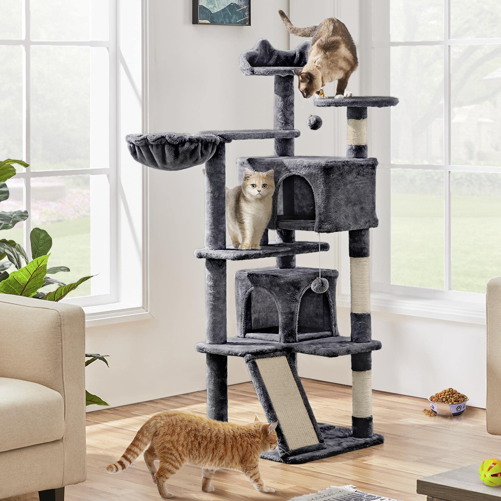 Yaheetech 57 Inches Cat Tree For Indoor Cats, Multi-Level Cat Tower W/ 3 Padded Perches, 2 Cat Condos, 2 Hanging Balls And Scratching Posts, Dark Gray
