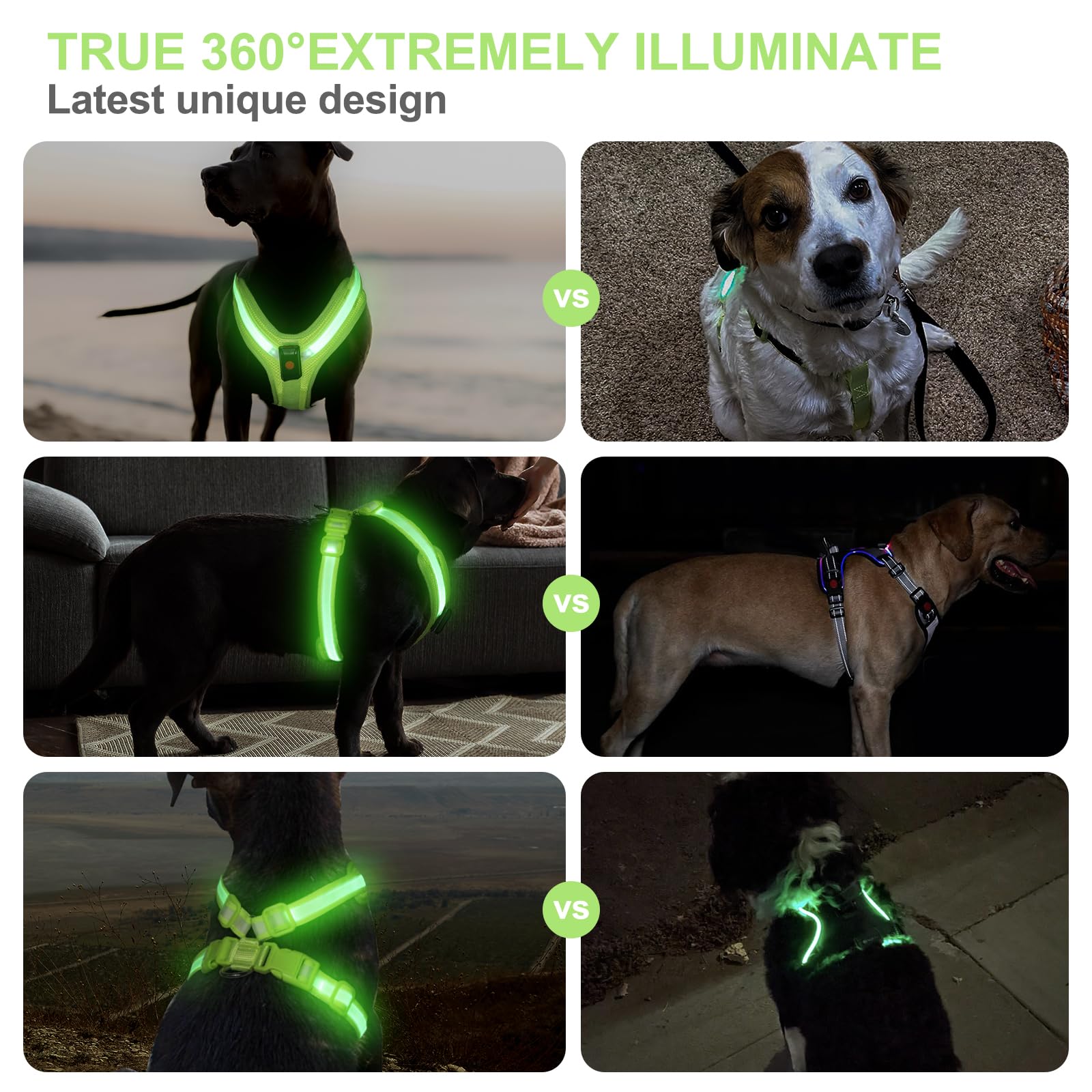 Pzrlit Light Up Dog Harness - Led Dog Harness Rechargeable, No Choke Illuminated Glow Dark Harness Vest Waterproof For Medium Large Dogs For Camping Night Safety Walking-Green,L