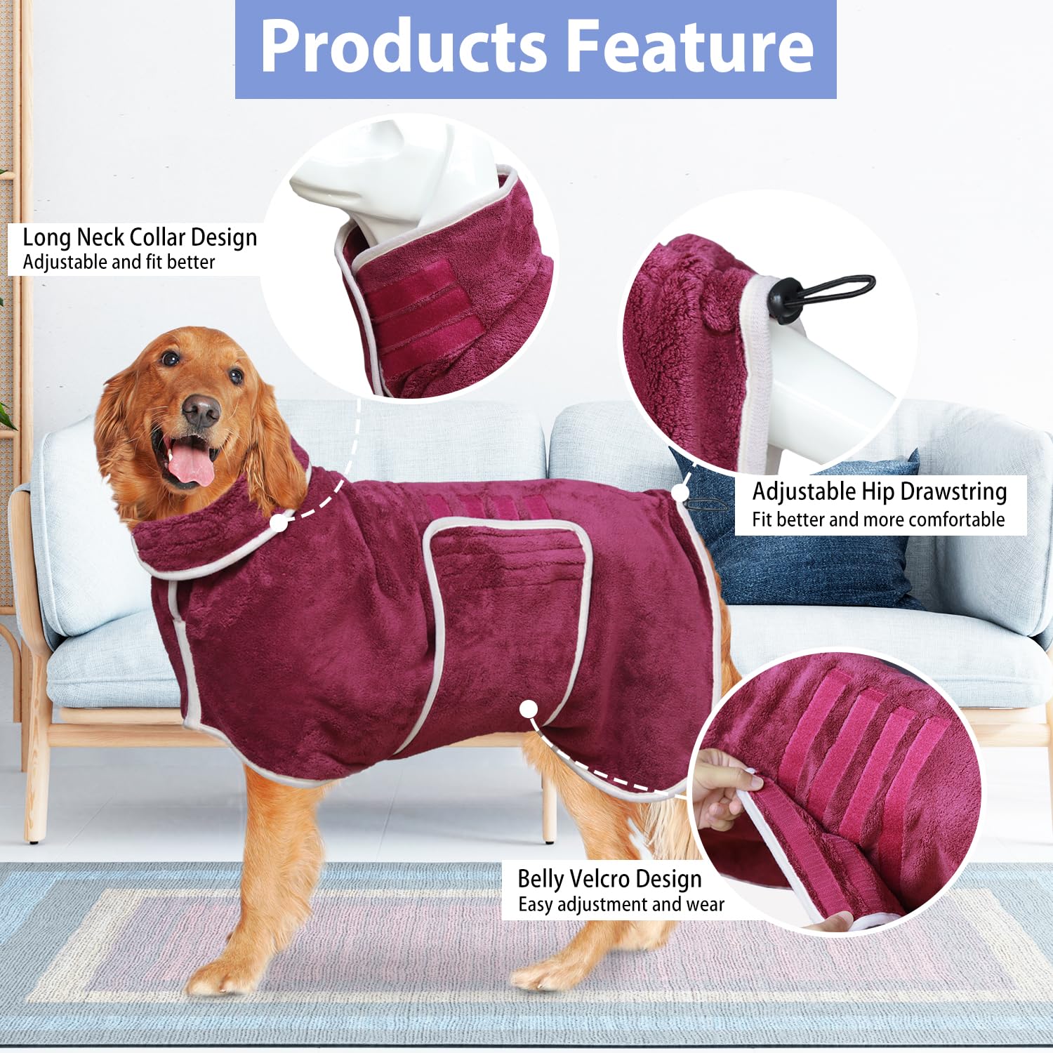 Dog Bathrobe Towel Drying Coat - Super Absorbent Dog Towels Bath Robe For Drying Dogs Large, Soft Adjustable Collar & Belly Stra