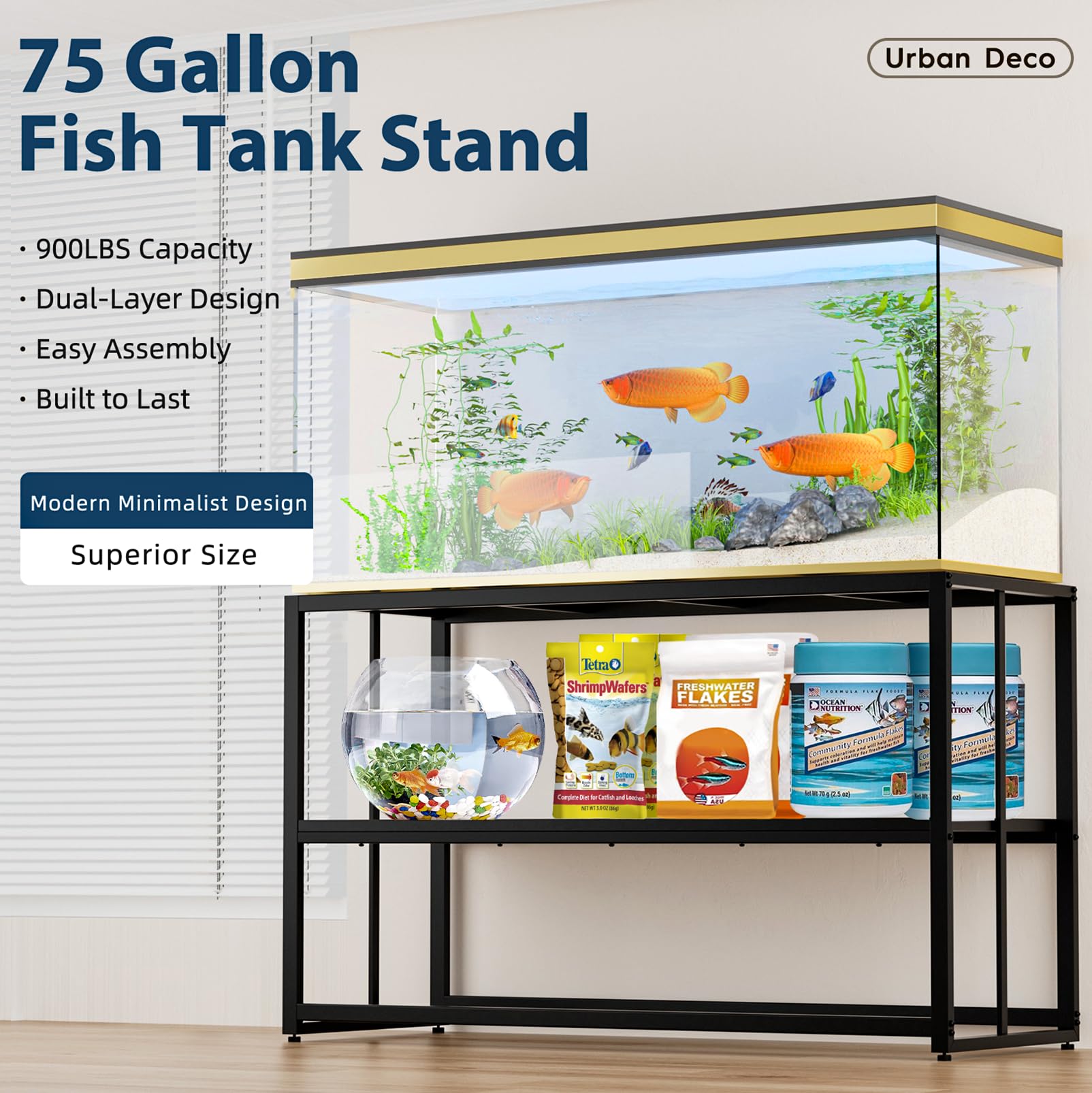 Urban Deco 55-75 Gallon Fish Tank Stand 900Lbs Capacity For Aquarium Stand Metal Fish Tank Stand 52''X19.7''X31.5'' Dual-Layer D