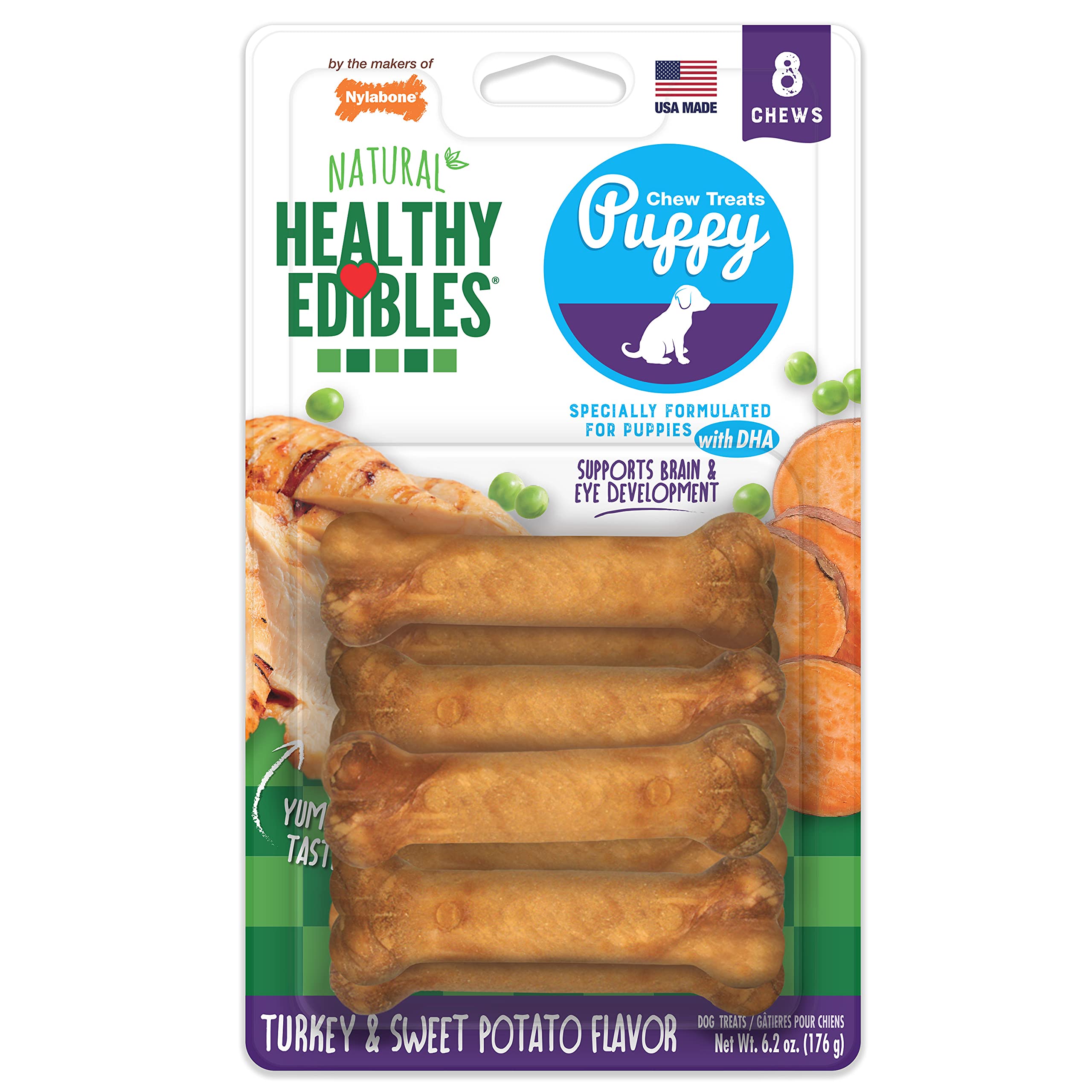 Nylabone Healthy Edibles Natural Puppy Treats - Long-Lasting Dog Treats - Puppy Supplies - Turkey & Sweet Potato Flavor, X-Small