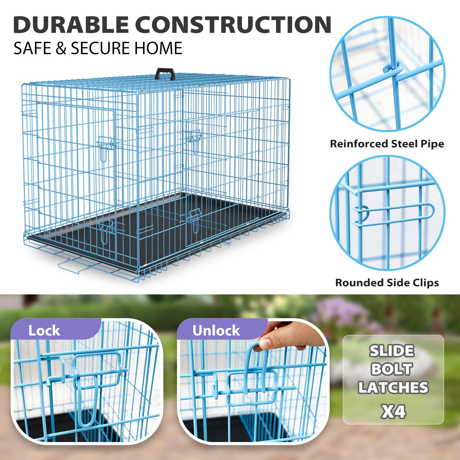 Home For Pets Dog Crate Cage Extra Folding Large Double Door Pet Crate,Includes Divider And Tray,(Blue,36)