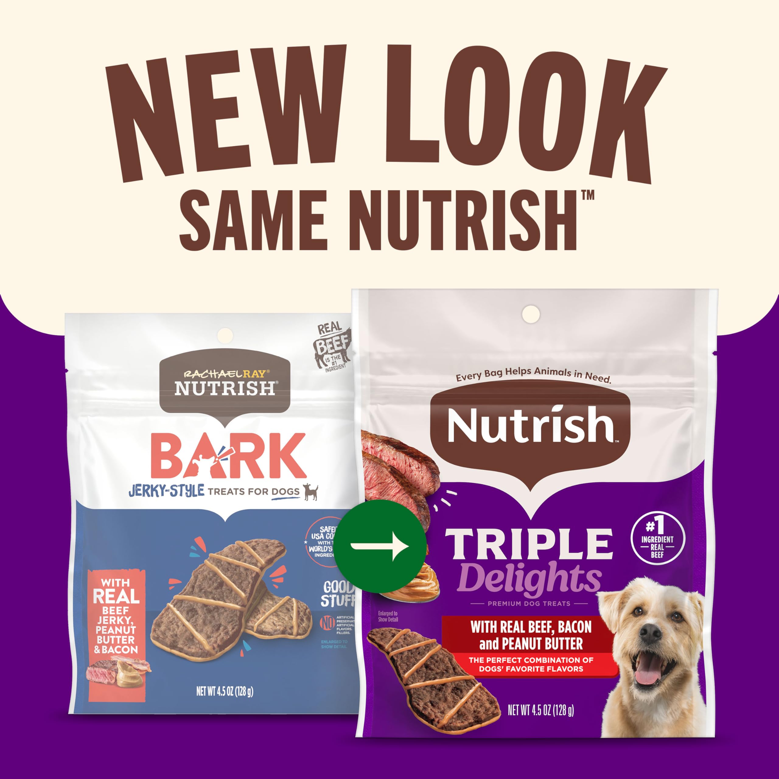 Nutrish Triple Delights Premium Dog Treats with Real Beef, Bacon, and Peanut Butter, 4.5 oz. Pouch, Pack of 5