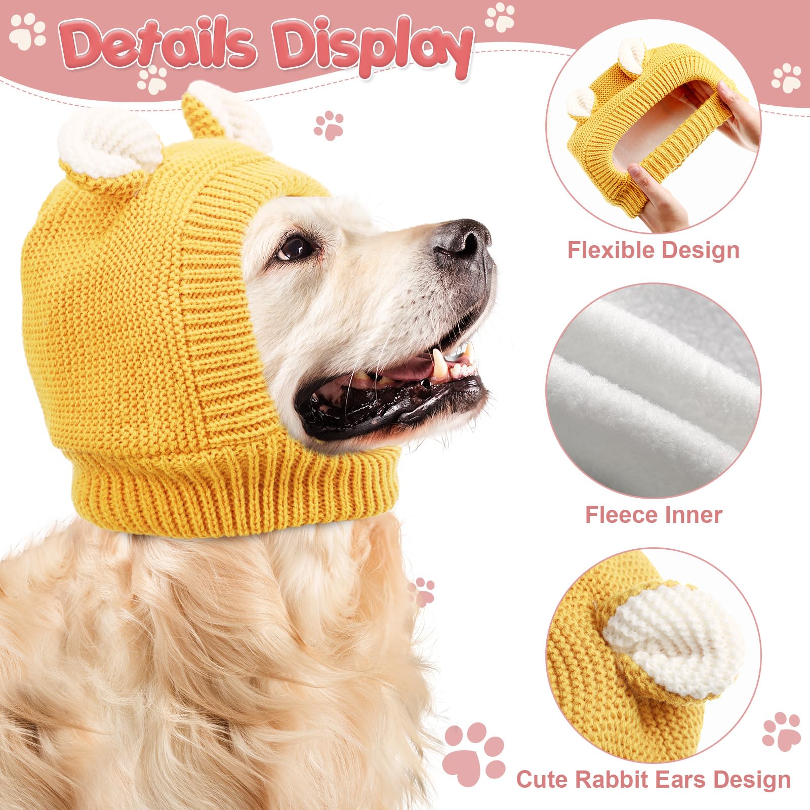 Quiet Ears For Dogs, Dog Ear Muffs Noise Protection Knitted Pet Ears Snood Head Wrap Hats For Medium To Large Cats Pets(Yellow)