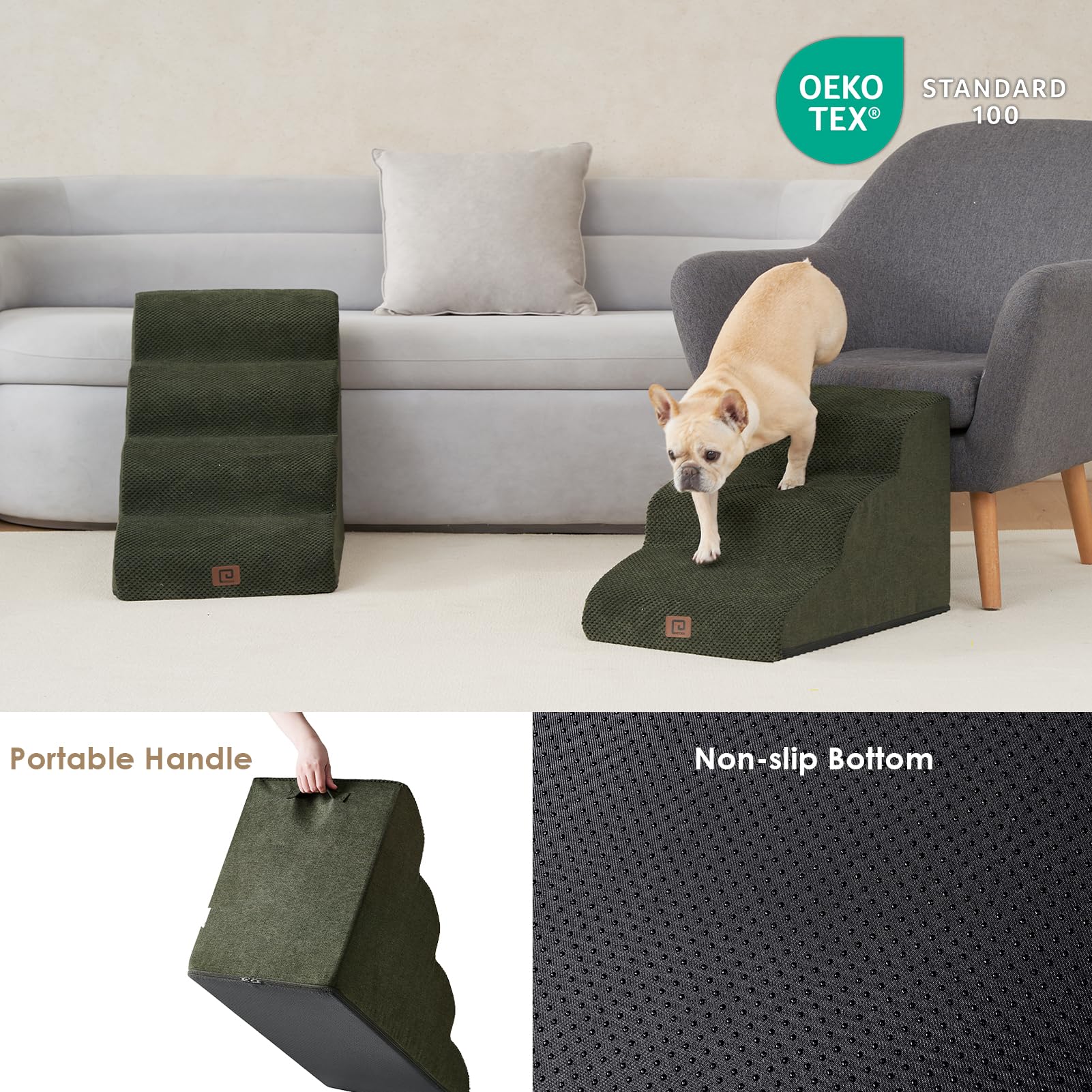 Eheyciga Curved Dog Stairs Ramp For Small Dogs 15.7' H, 3-Step Dog Steps For Couch Sofa And Chair, Pet Stairs For Cats, Non-Slip Balanced Pet Steps Indoor, Olive Green