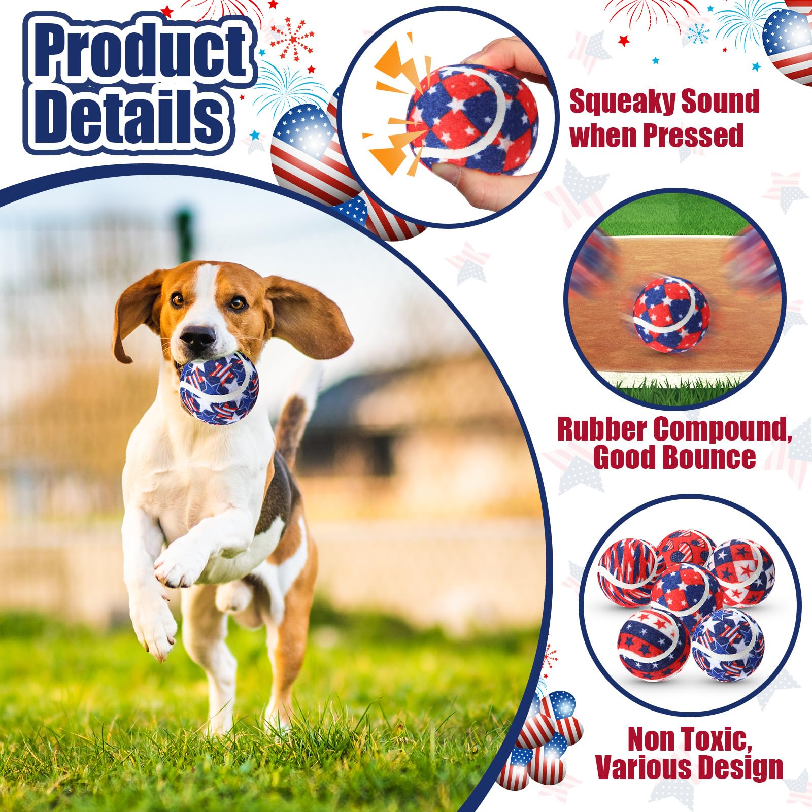 Suilung 36 Pcs Independence Day Dog Squeaky Tennis Balls 2.5 Inch Interactive Pet Toys Ball for Small Medium Large Dog Plush Che