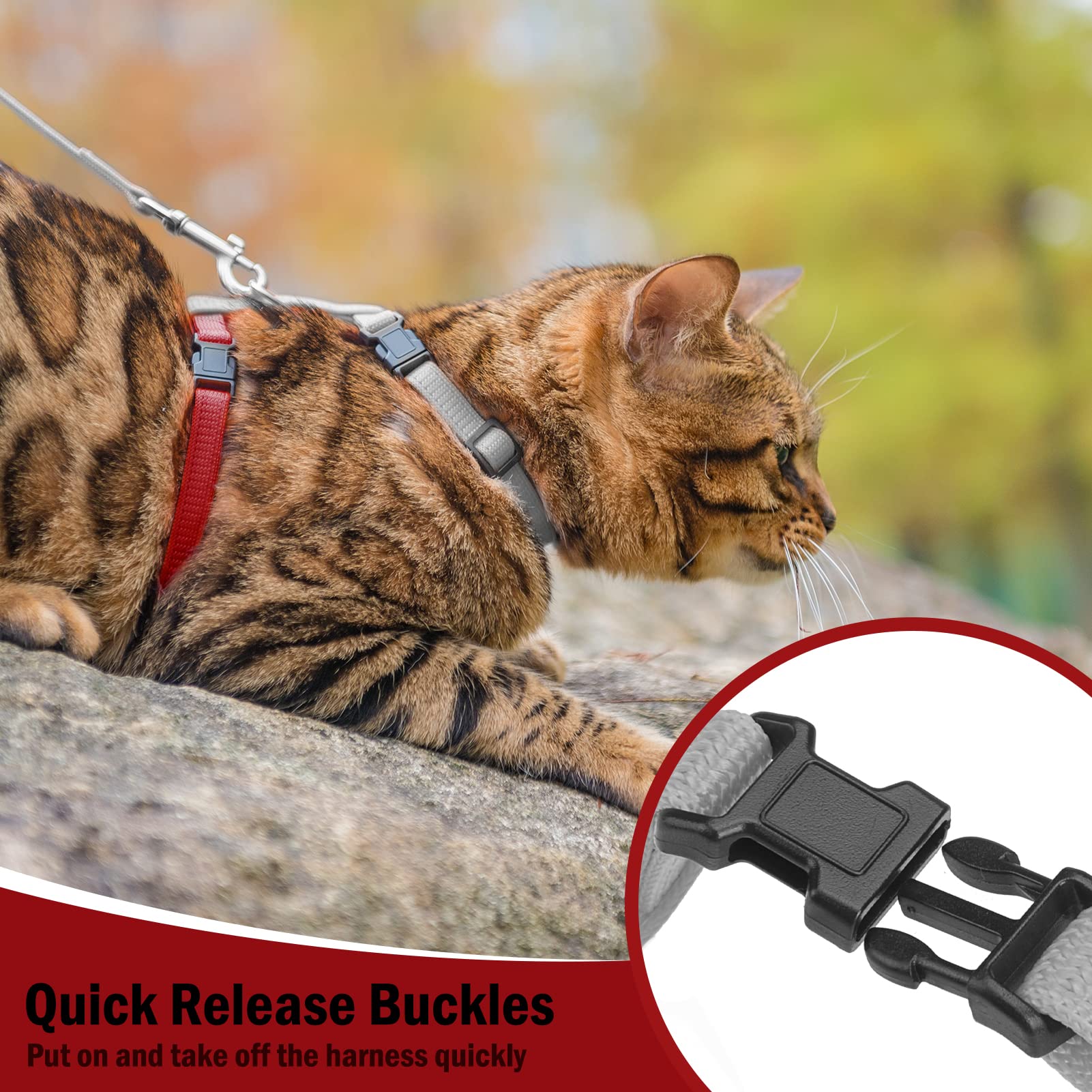 Pupteck Adjustable Cat Harness And Leash Set Escape Proof Kitten Strap Collar For Walking Travel, Grey/Red Mixed