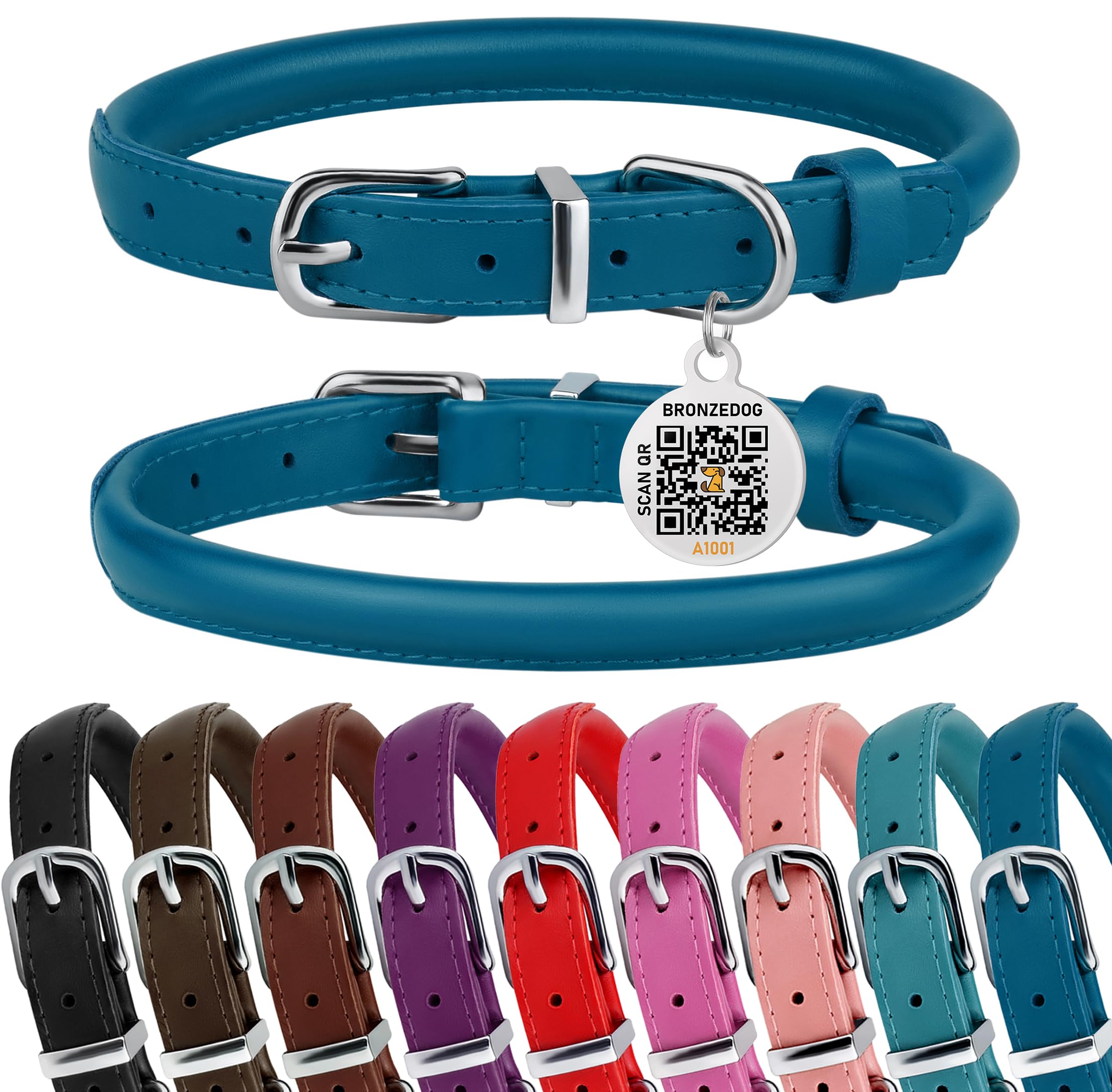 Bronzedog Rolled Leather Dog Collar For Small Medium Large Dogs With Qr Id Tag (Xs: 9-11 Inch, Ocean Blue)