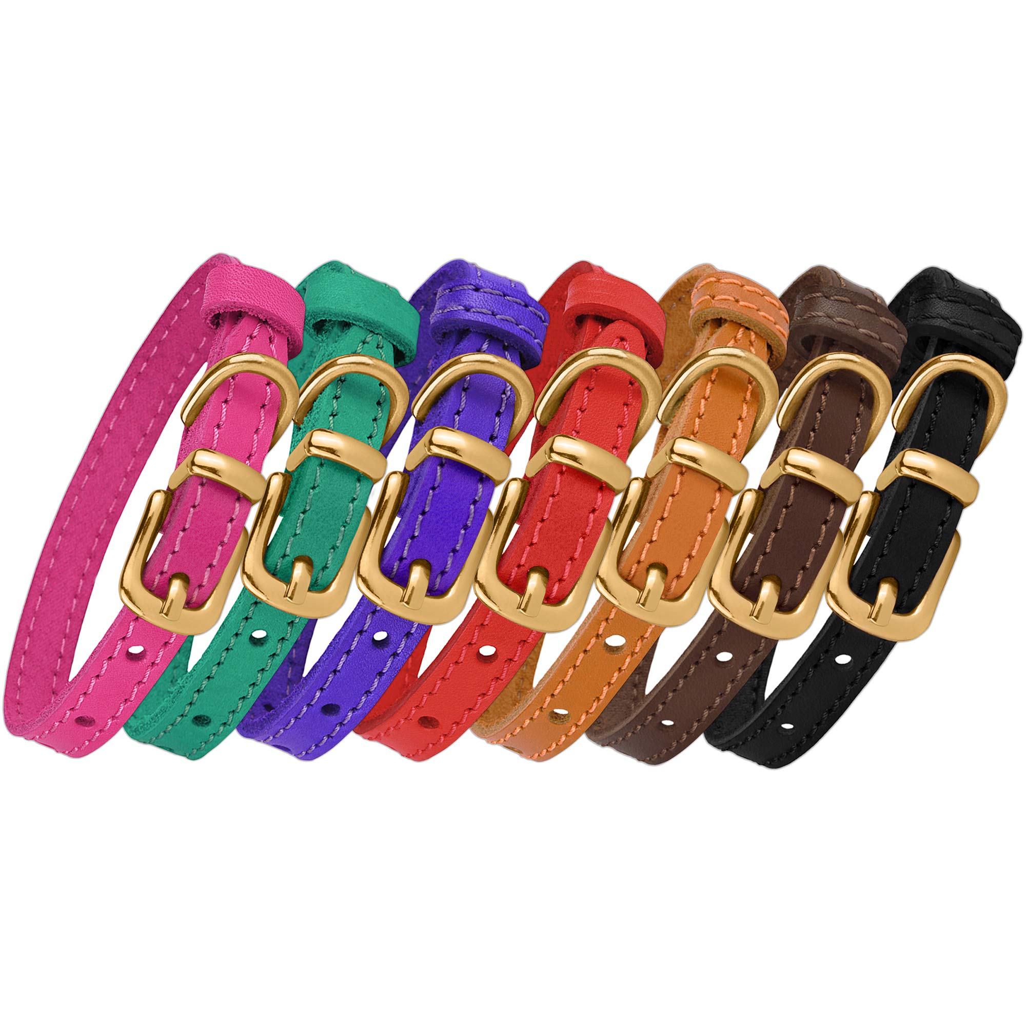 Bronzedog Leather Cat Collar With Bell Non Breakaway Kitten Qr Tag For Girl Boy (7'' - 9'' For Cats, Green & Gold)
