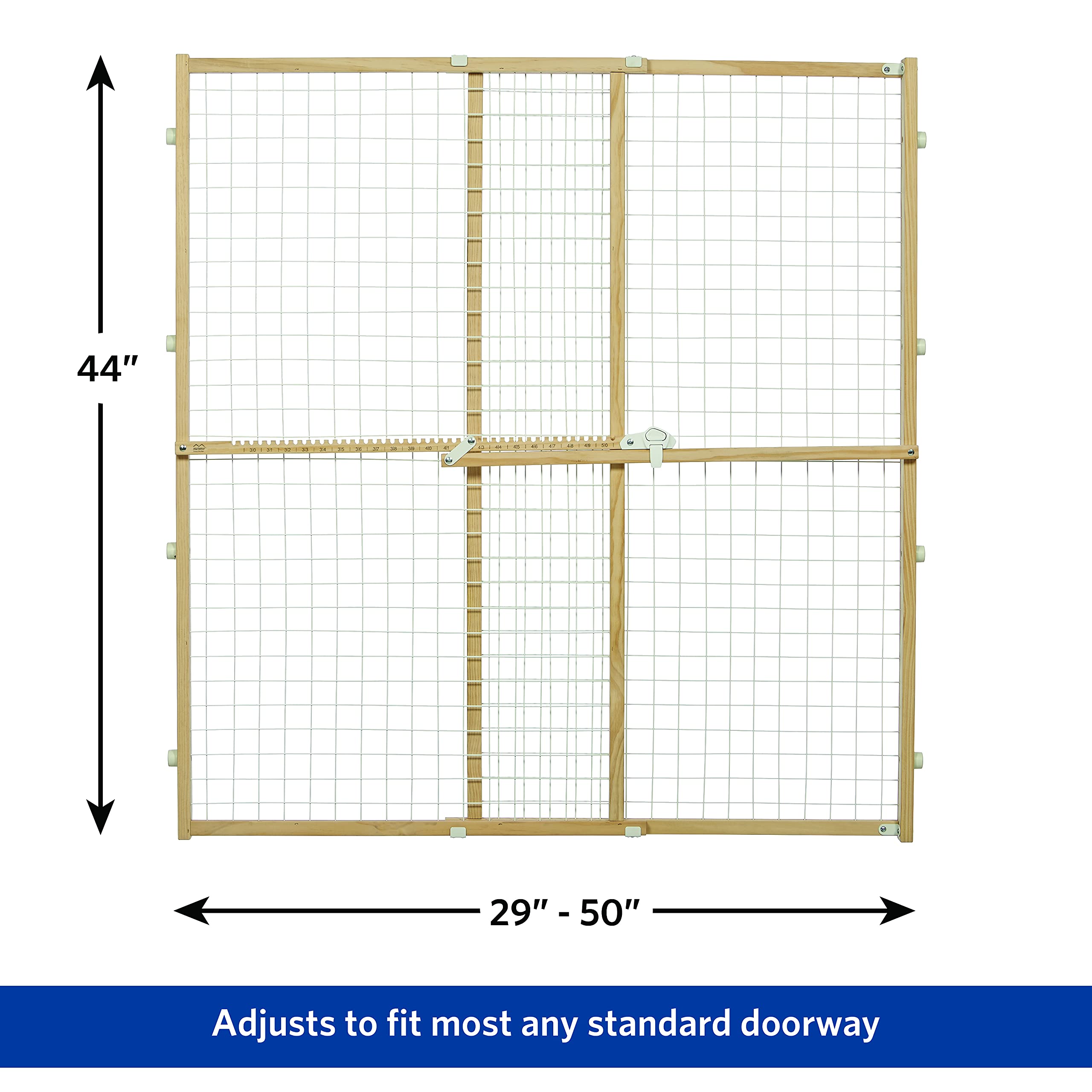 Midwest Homes For Pets Wire Mesh Pet Safety Gate, Pressure Mounted Dog Gate Measures 44 Inches Tall & Expands To 29-50 Inches Wide, Natural Wood & White Powder Coated Wire Mesh