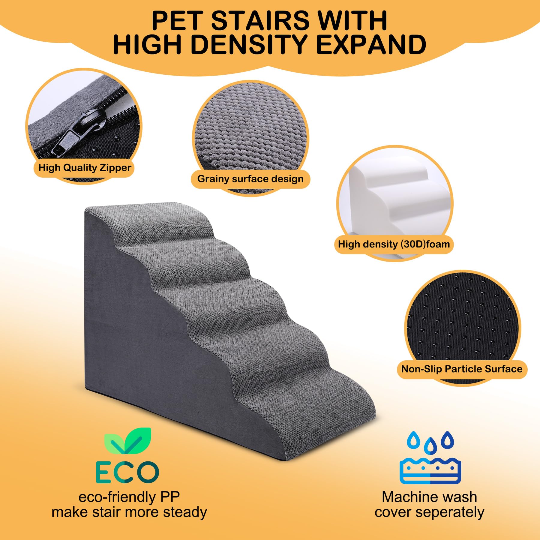 Ciwivoki Dog Stairs For Bed, 5 Tier Dog Steps For Couch And High Bed, Non-Slip Pet Stairs, 24' High Sofa Foam Dog Stairs - Best For Small Pets, Older Dogs, Cats With Joint Pain
