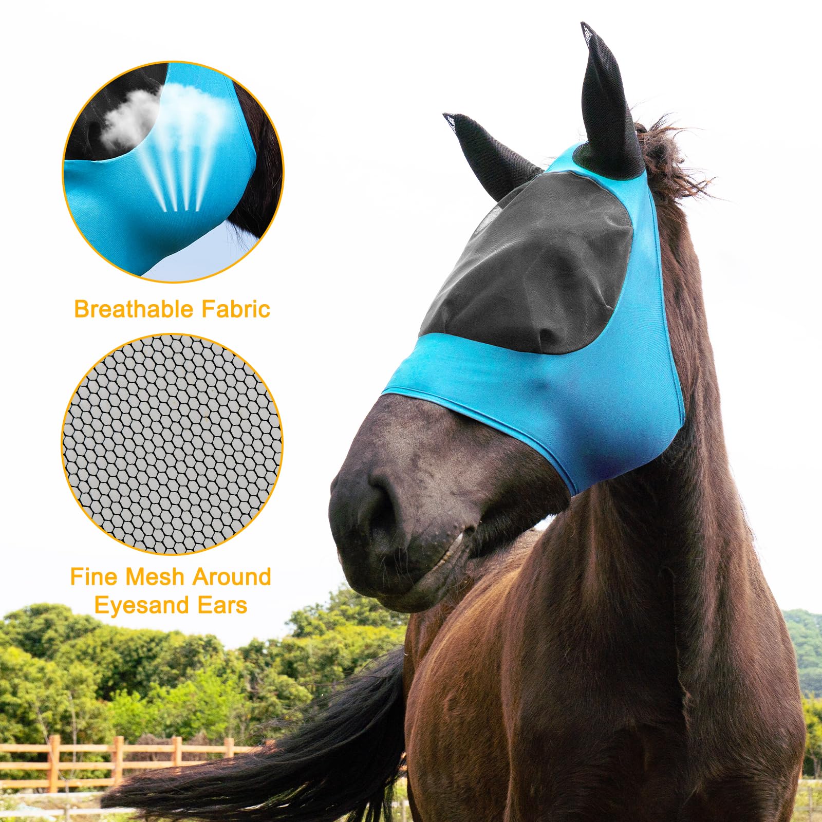 HUAME 2 Piece Horse Fly Mask with Ears, Comfortable Fit Stretch Fabric Big Eye Space Soft Breathable with UV Protection for Full