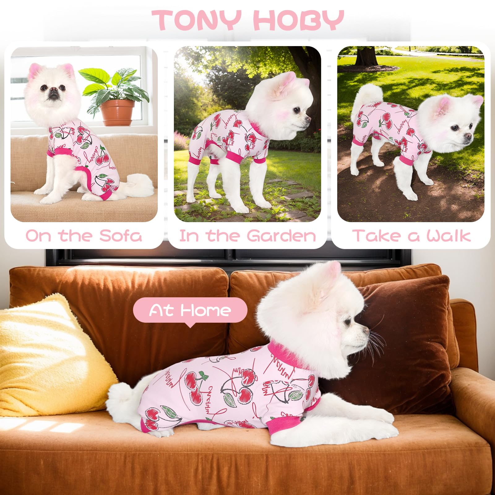Tony Hoby Dog Pajamas, 4 Ledgged Dog Shirt, Soft Comfortable Dogs Jumpsuit Clothes For Small Medium Dogs (Cherries, L)