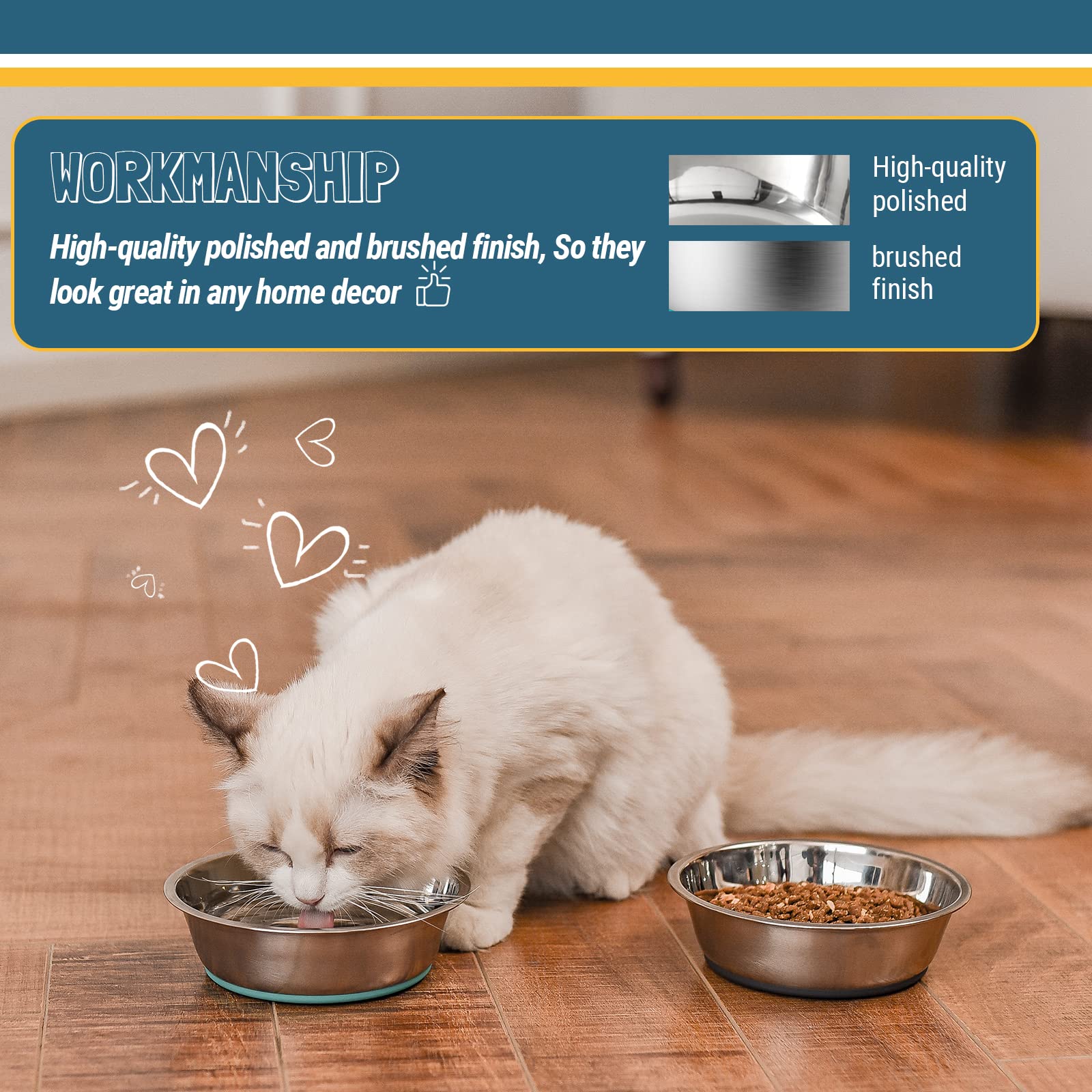 Peggy11 Lightweight Nonslip Stainless Steel Cat Bowls, 2 Pack, Each Holds Up To 1.8 Cups