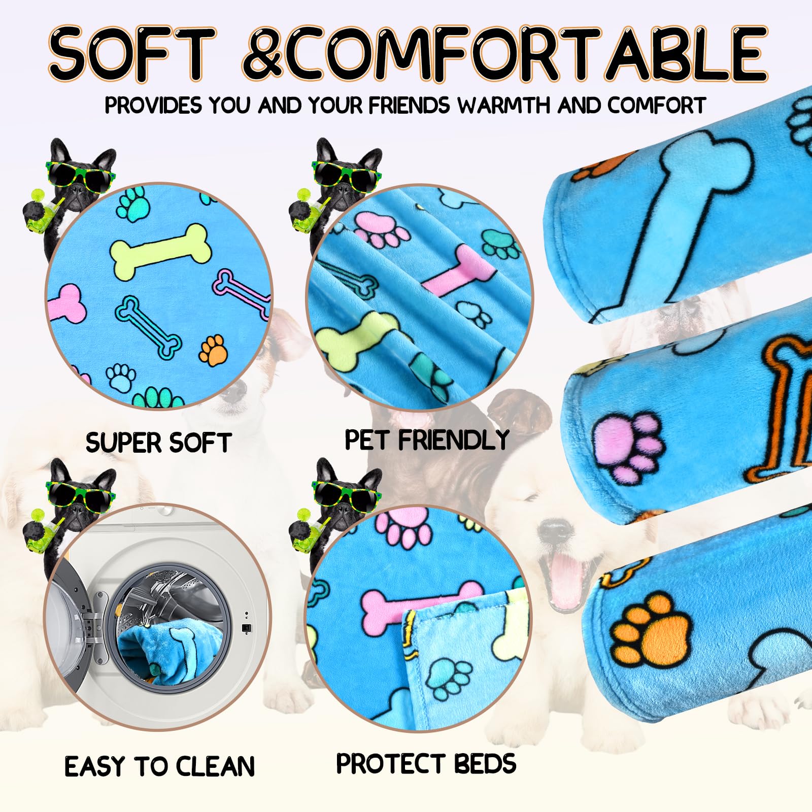Soft Fuzzy Dog Blankets, 3 Pack - Large, Medium, Cat - Comfort Flannel, Reversible Print, 41 X 31 Inch, Blue