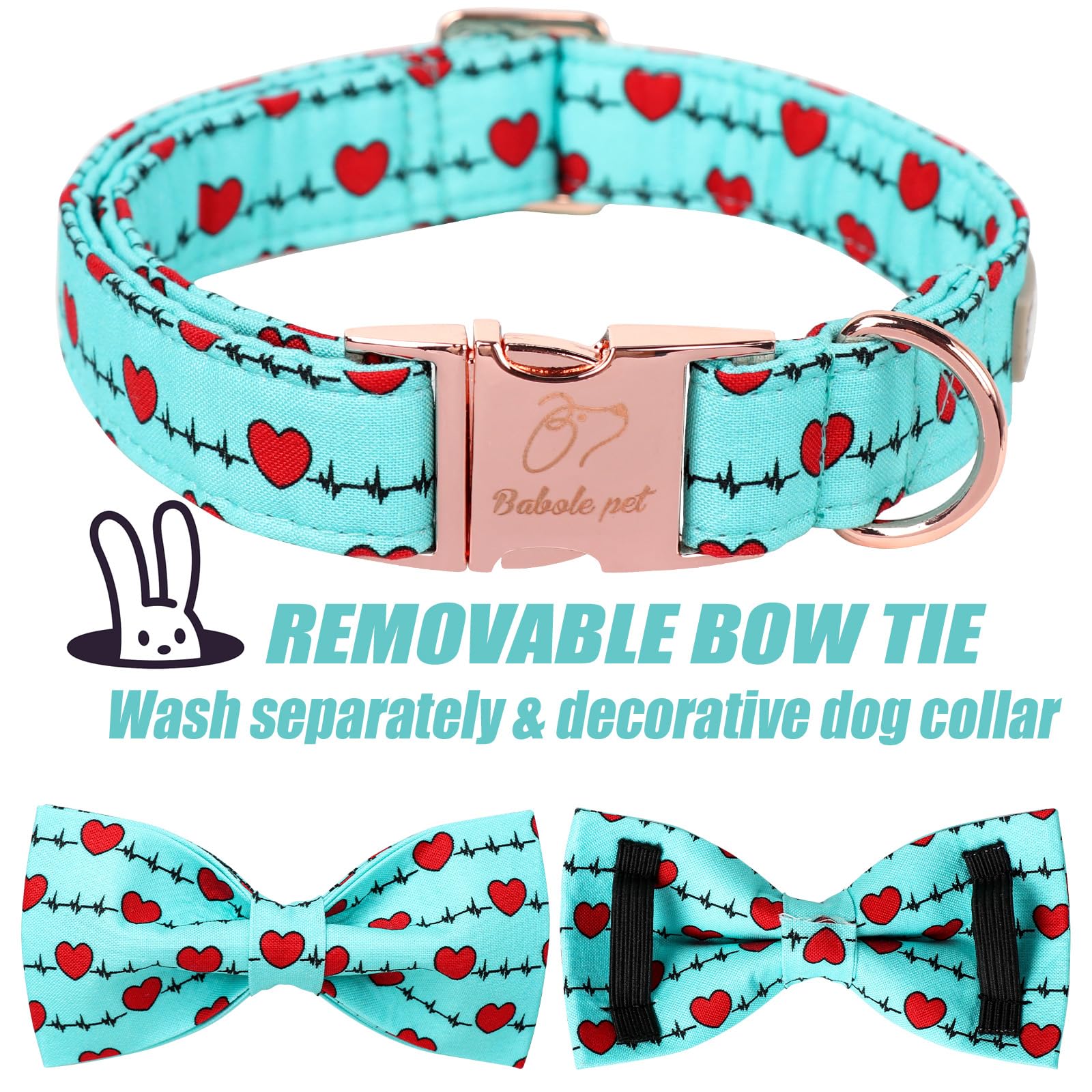 Babole Pet Valentines Dog Collar with Bow Tie,Green Love Heart Signal Valentine Dog Collars with Safety Metal Buckle Adjustable