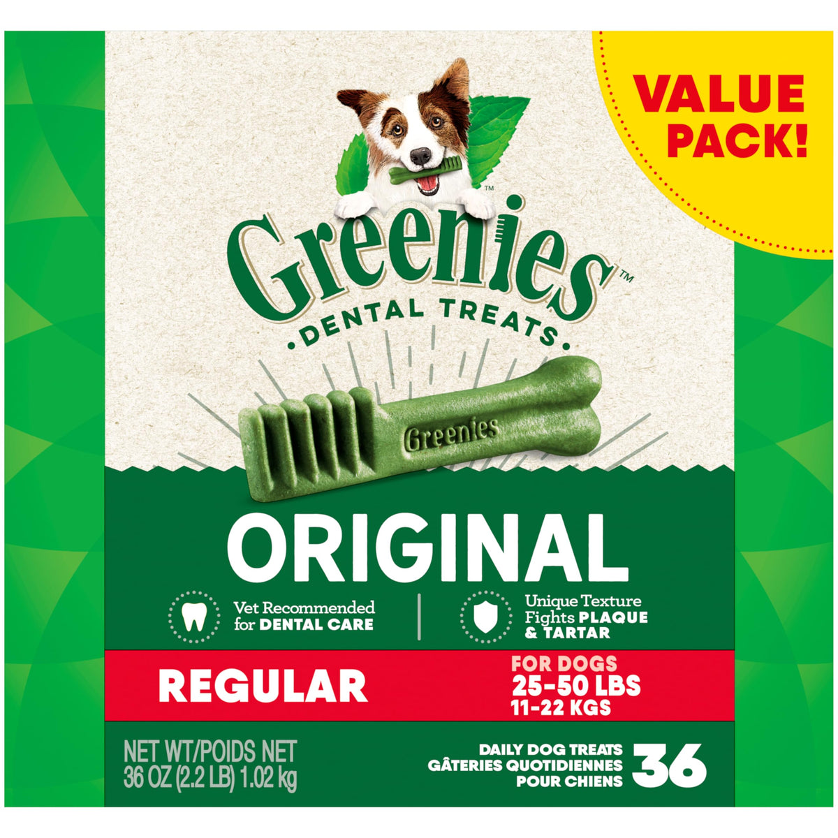 Greenies Original Regular Natural Dog Dental Care Chews Oral Health Dog Treats, 36 Count (Pack Of 1)