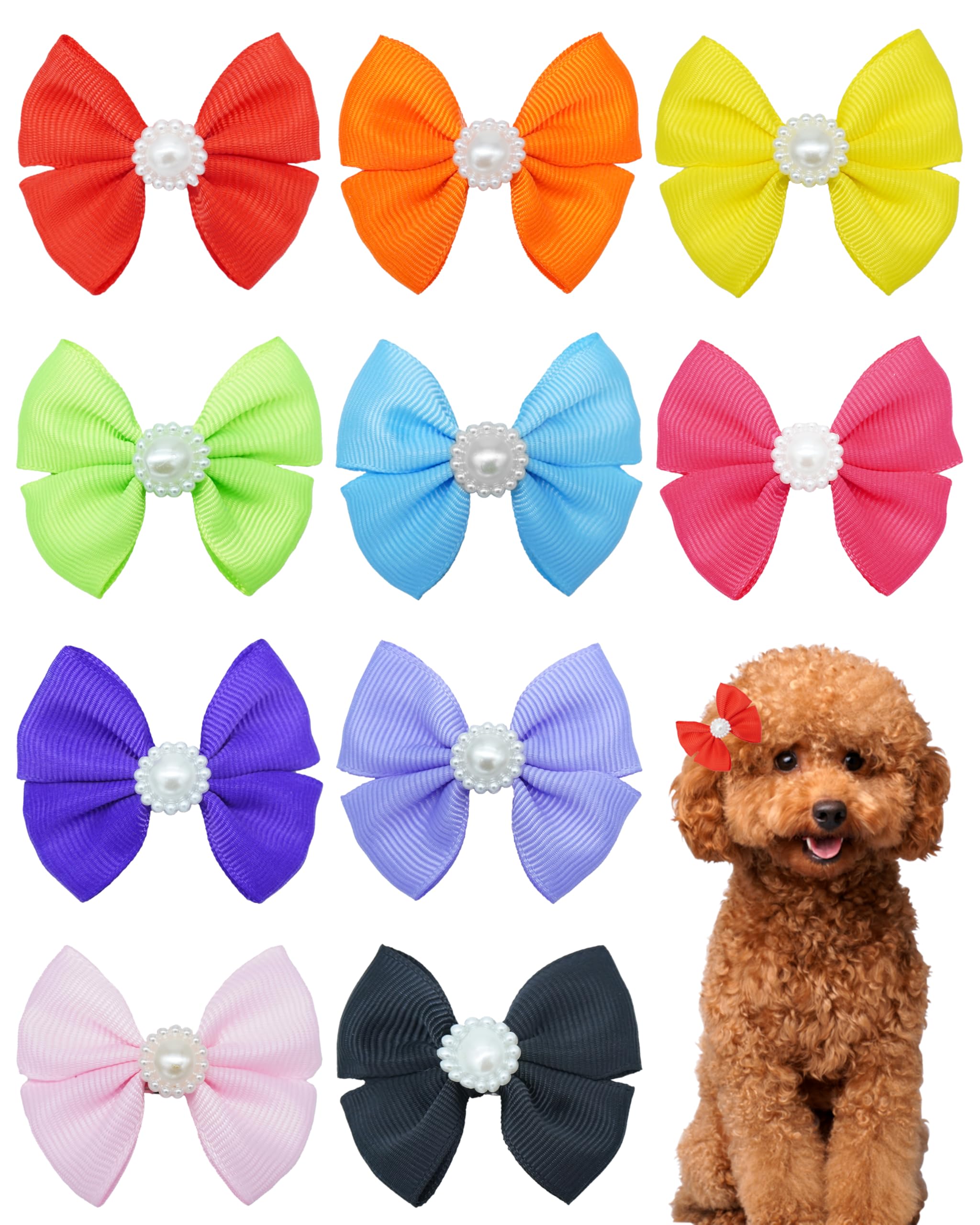 Pet Show 10Pcs 2' Plain Small Dog Hair Bows With French Clips Faux Pearls Pet Bowknot Barrette Bows Puppy Topknot Medium Dogs Grooming Hair Accessories For Doggies Cat Kitten Rabbit