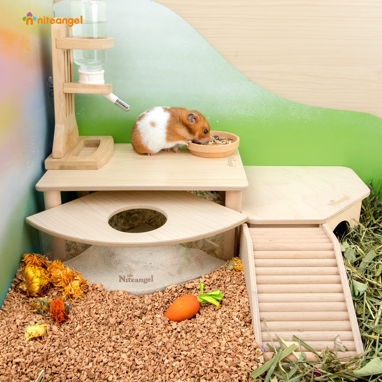 Niteangel Hamster Play Wooden Platform For Dwarf Syrian Hamsters Gerbils Mice Degus Or Other Small Pets (10.2 L X 7 W -5.9'' Height, Burlywood)