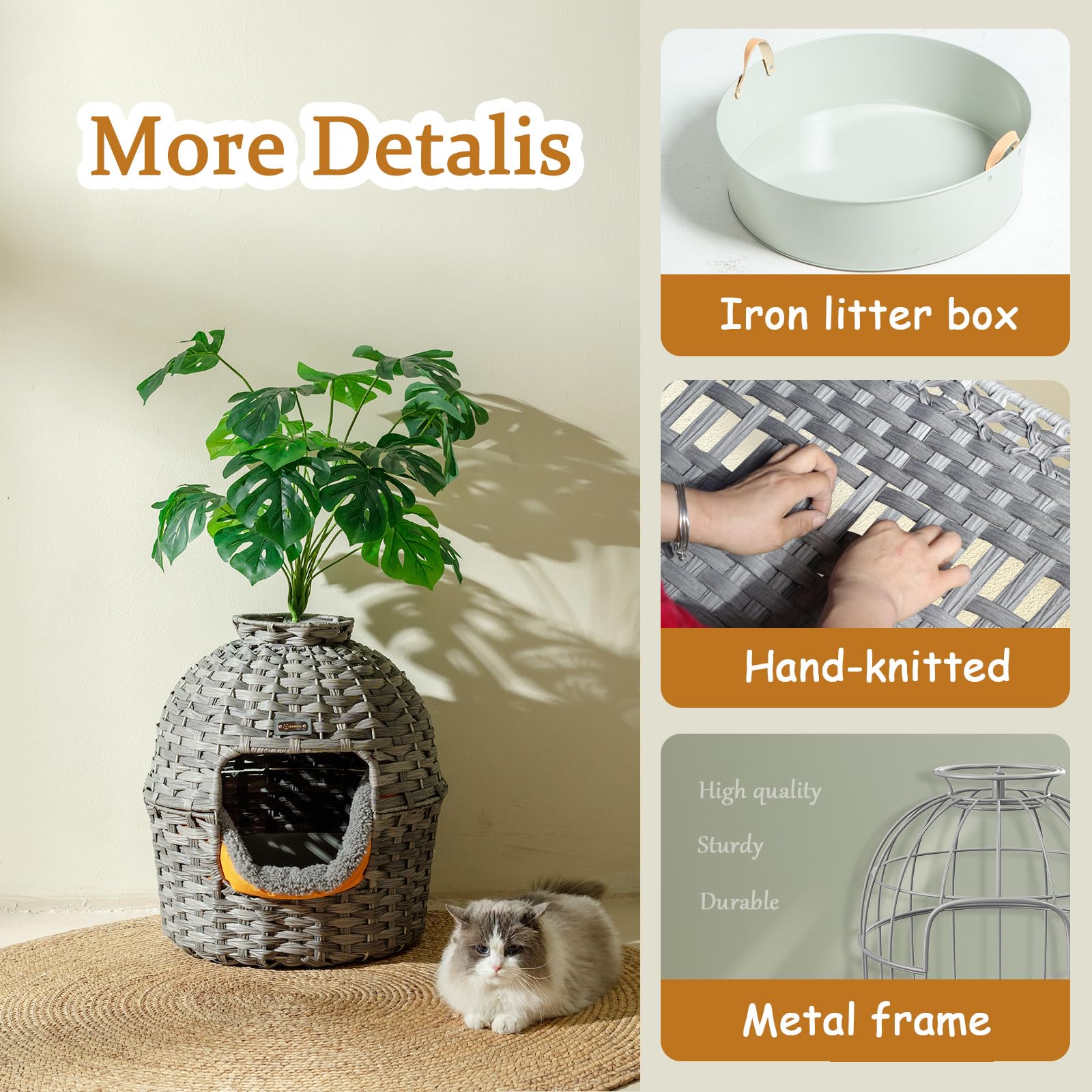 KUREEISE Hidden Litter Box Furniture with Artificial Plants, Handwoven Rattan Cat House with Enclosed Litter Box(Gray)