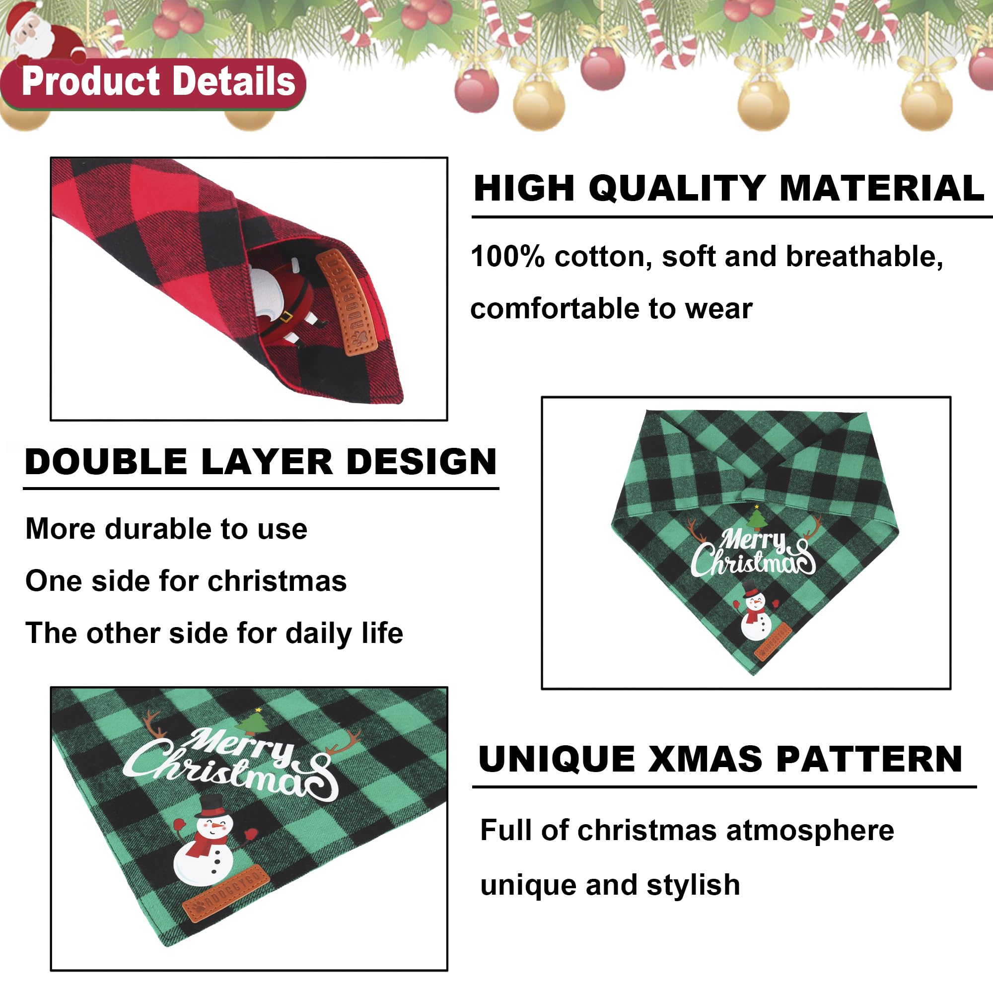Adoggygo 2 Pack Dog Bandana Christmas Classic Plaid Pet Scarf Triangle Bibs Kerchief Merry Christmas Santa Snowman Print Pet Bandana For Small Dogs Cats Pets (Christmas-1, Small)
