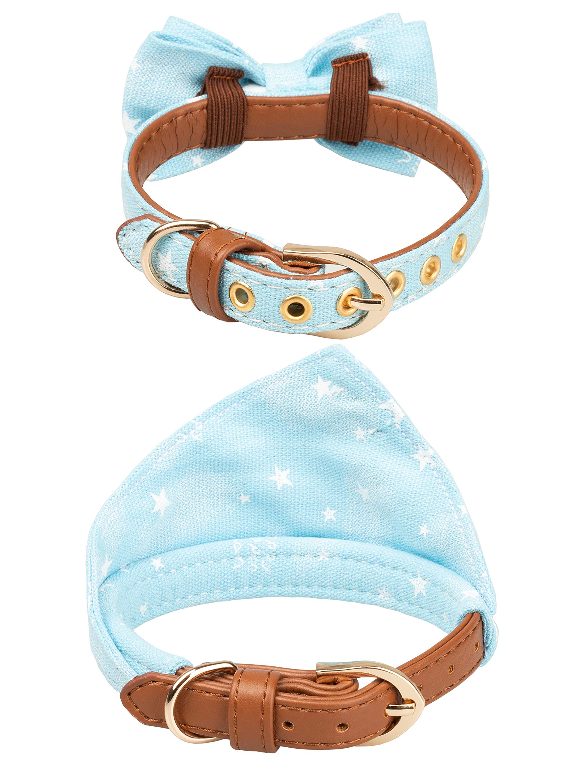 Gyapet Small Dog Collar Puppy Cat Tiny Pet Bow Tie & Bandana 2Pcs Set Pu Leather Canvas Scarf Durable Blue Stars