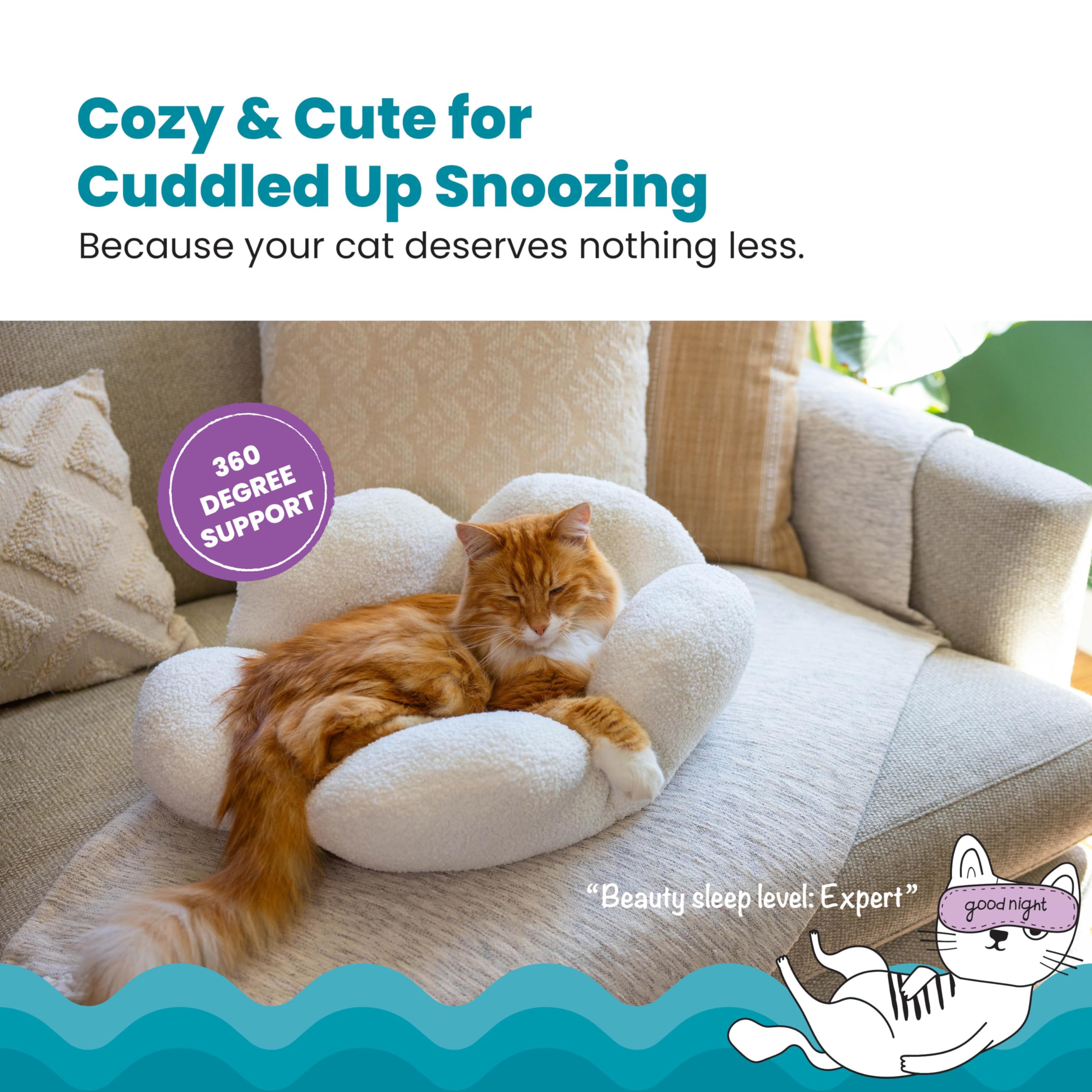 Catstages Purrfect Petals Washable Flower Shaped Round Cat Bed For Indoor Cats, Plush, White