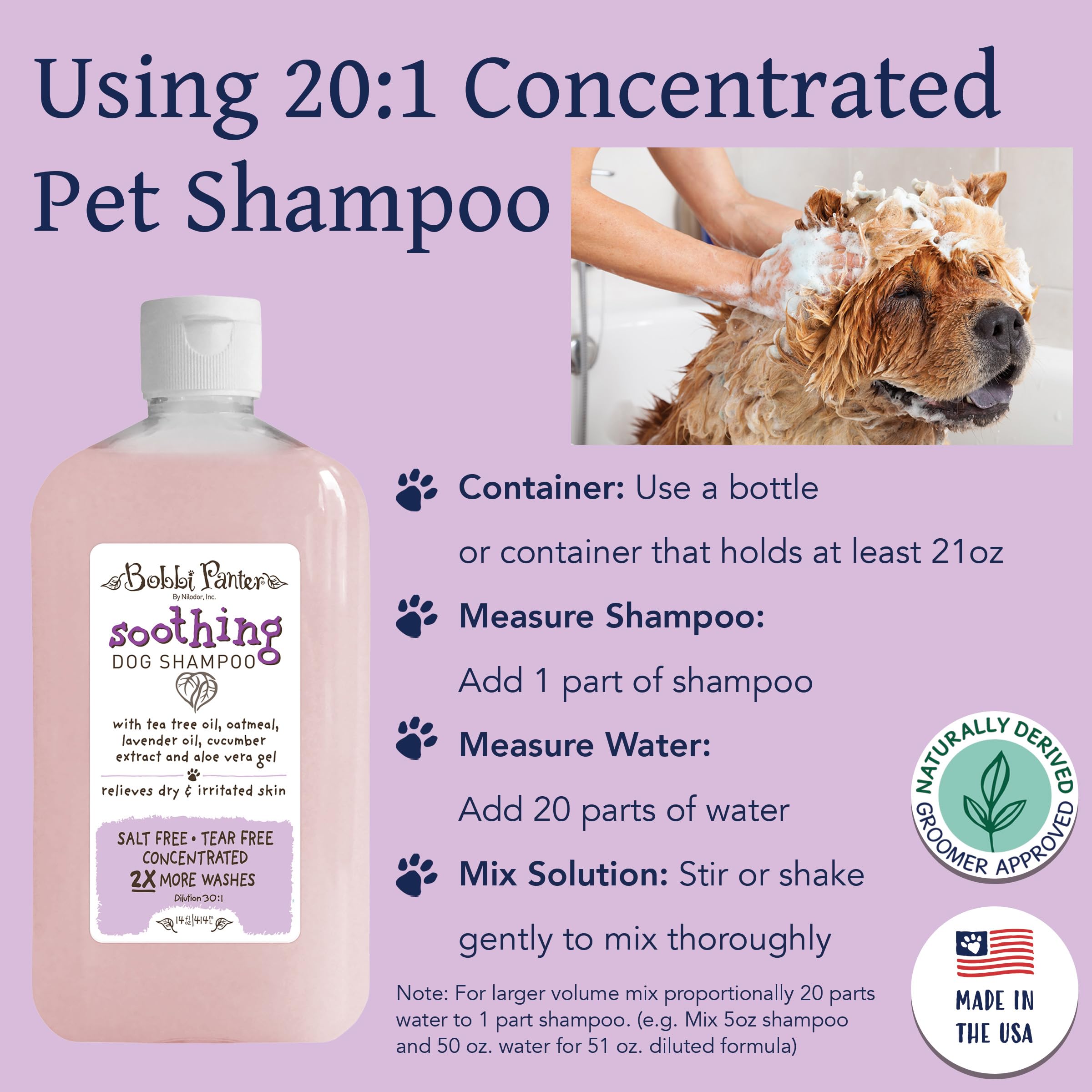 Bobbi Panter Soothing Dog Shampoo, Heals & Soothes Irritated Skin, Lavender Scent - 30:1 Concentrated Formula, Made in The USA,